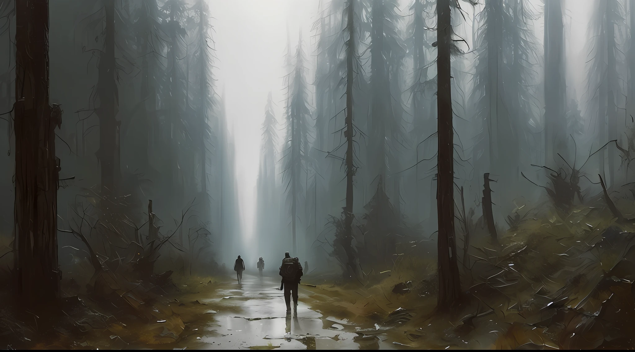(masterpiece) high detailed RAW, a post apocalyptic man with a backpack is walking through a dark alley way in a forest with tall buildings and trees , hassanfantasy style , by Jeremy Mann and Donato Giancola ultra realistic highly detailed intricate photorealistic