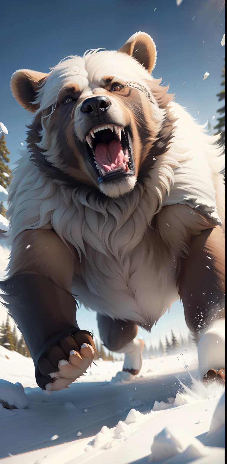 battle bear running through tundra, open mouth