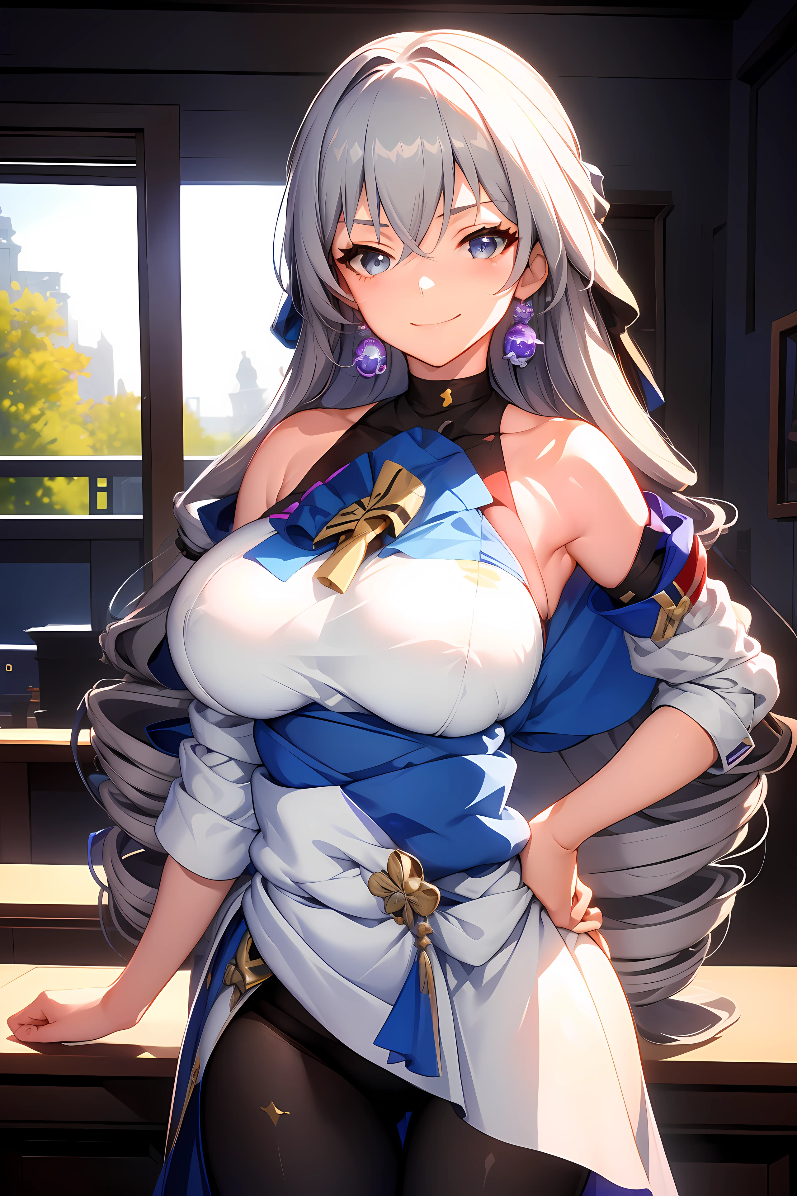 (masterpiece),best quality, expressive eyes, perfect face, 1girl,
big breast, H-cup, good breast, beautiful, gorgeous,anime,girl,lora,
nipple visible though clothes,ph bronya,
1girl,
solo,
earrings,
long hair,
grey hair,
drill hair,
grey eyes,crazy smile,pantyhose,hands on waist hands on hips