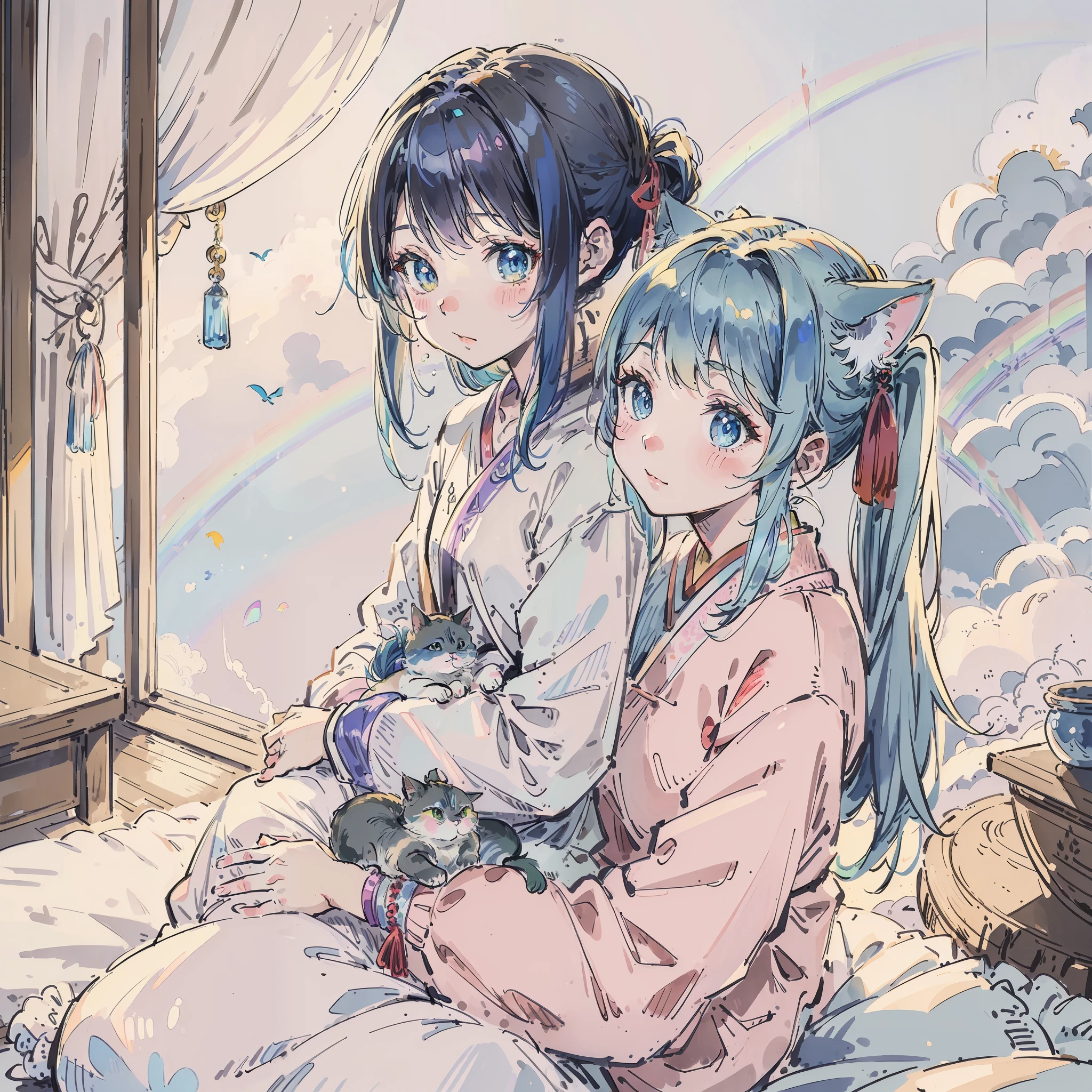(Best quality1.2、masutepiece)、A stunning、Take a cute cat and cuddle it)、kawaii、Blue hair(rainbow-colored hair)、(poneyTail)
