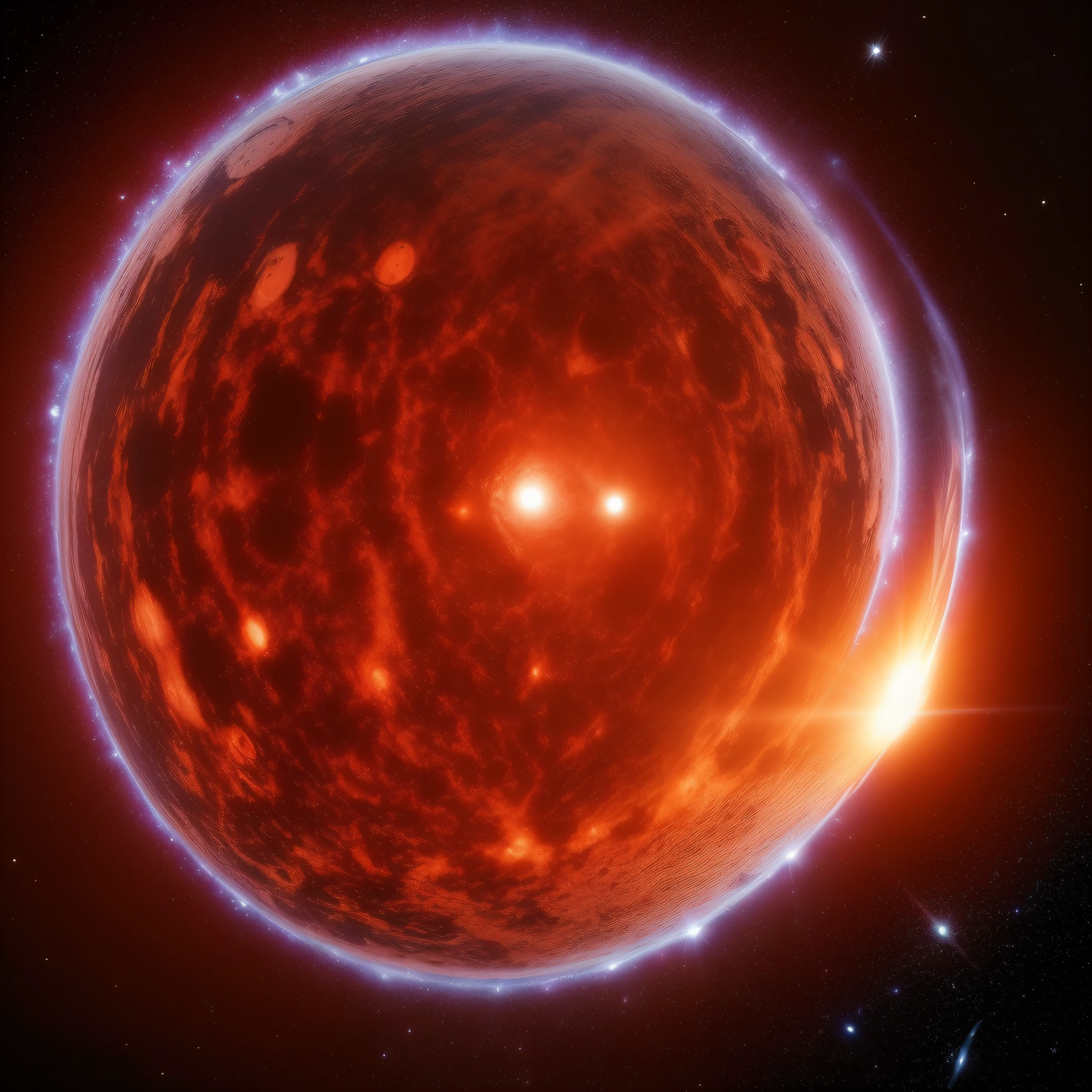 (extremadamente detallado, obra maestra, La mejor calidad), Estilo oscuro, intense illumination, Virus floating through space approaching a planet. imagen vista por un telescopio.