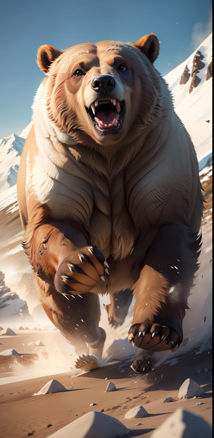 grizzly running through tundra, open mouth