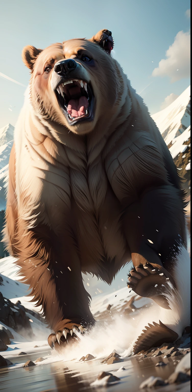 grizzly running through tundra, open mouth