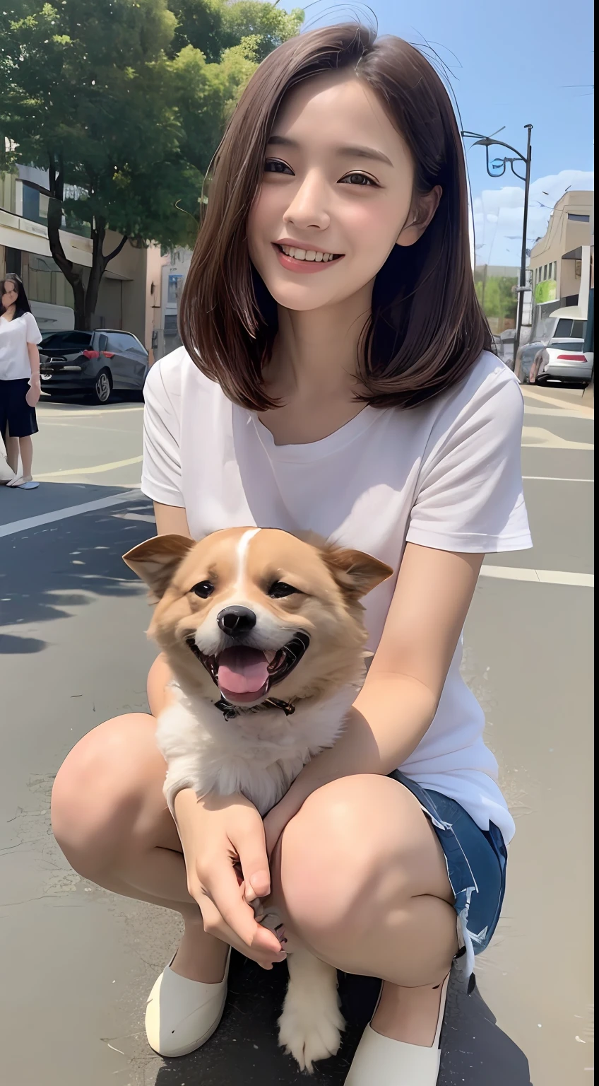 ((top-quality、8K、masterpiece:1.3))、1girl in、A smile、full body Esbian、Slim Faces、Pretty women、g-cup:1.2、Valley、 a short bob、(dark brown hair)、Thin shirt、Short pants:1.1、hyperdetailed face、A detailed eye、二重まぶた、blured background、Slim Faces、城市、takeout、a street、Stay with the dog:1.3、pet、Staring at the dog、Frolic with pets、prety dog