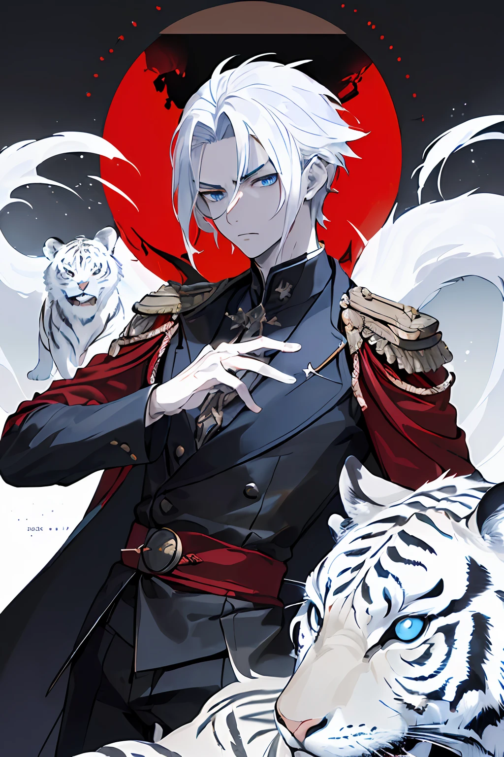 ((((dramatic))), (((corajoso))), (((intenso))) Movie poster featuring a young man as the central character His appearance is marked by snow-white hair and intense blue eyes that emanate the coldness of a tiger resembling a precious jewel. He is embarrassed in the center of the poster, usando um estilo e oriental roupa, with a determined expression on the face. The background is dark and brave, with a sense of danger and intensity. The text is bold and catches the eye, with a catchy tagline that adds to the overall sense of drama and excitement. The color palette is mostly dark with splashes of vibrant colors, giving the poster a dynamic and visually stunning appearance, tachi-e (revista: 1.3), (estilo da capa: 1.3), elegante, mulher, vibrante, roupa, posando, frente, colorida, dynamic, fundo, elementos, confiante, expression, segurando, statement, accessory, majestoso, enrolado, ao redor, tocar, cena, texto, capa, ousado, draws attention, title, fashionable, Fonte, cativante, manchete, maior, impressionante, moderno, moderno, foco, moda,