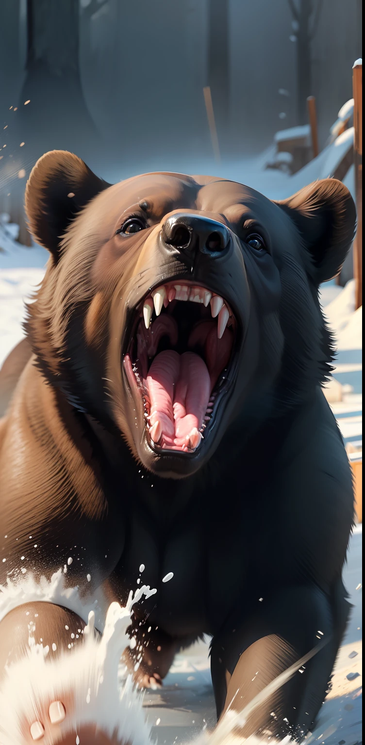 growling black bear, open mouth, zoom out
