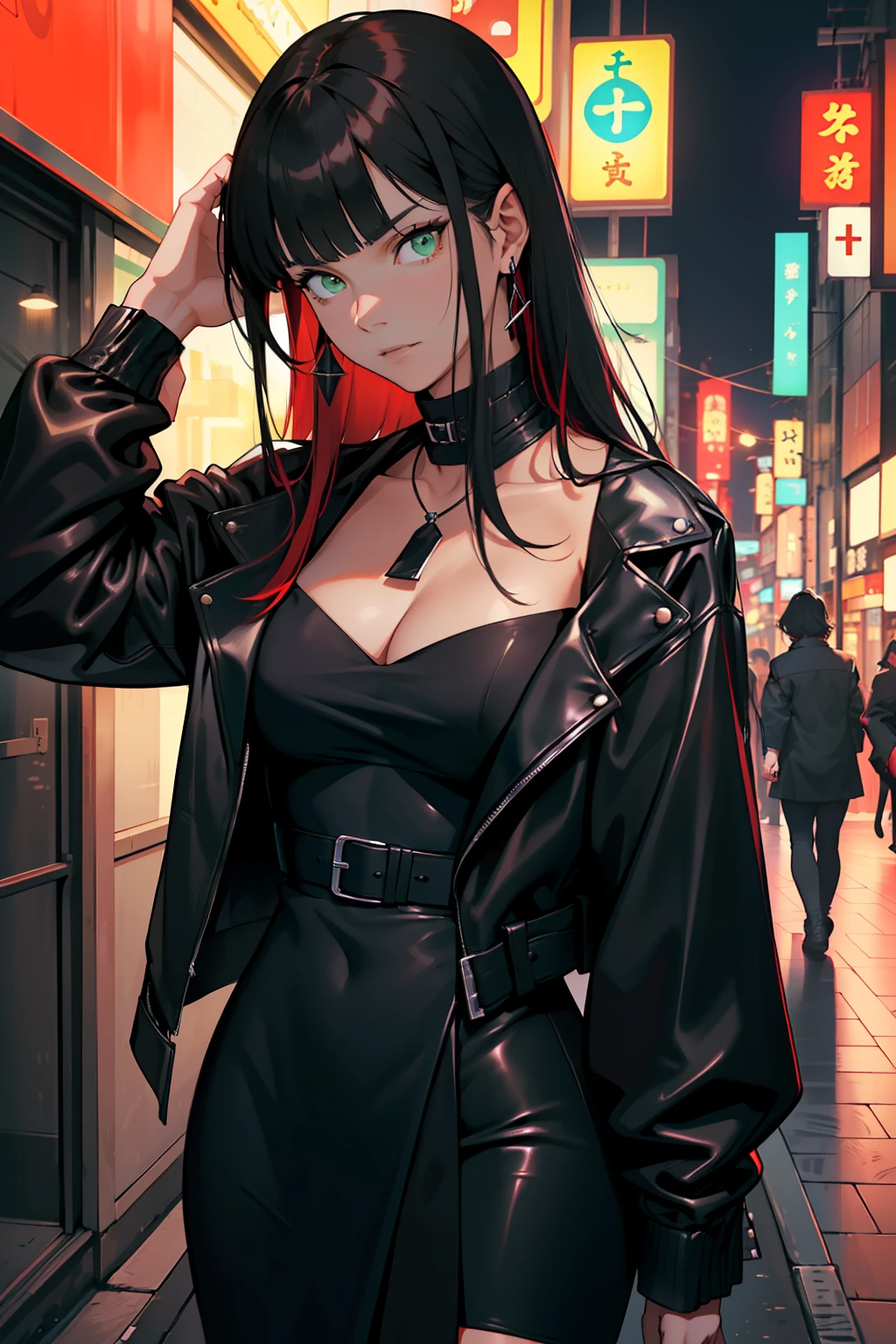 ((melhor qualidade)), ((obra-prima)), (altamente detalhado:1.3),A woman with a serious expression of black hair and long straight red locks with bangs and green eyes with a look wearing a dark black velvet dress and neckline and a leather jacket on the streets of Tokyo at night