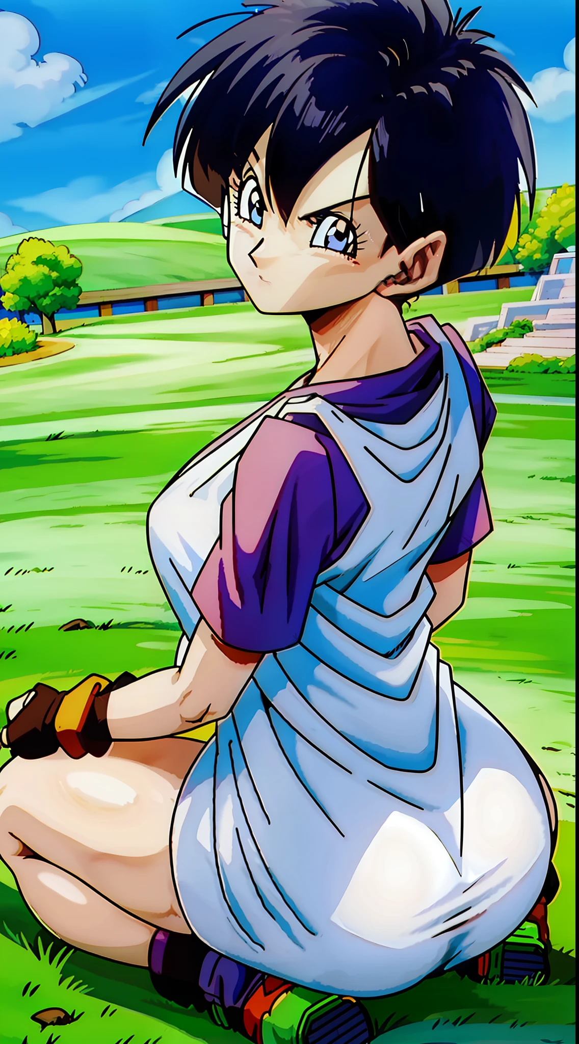 Videl showing off her ass in a kneeling position from front to back, bunda detalhada, bunda volumosa,focar na bunda, sapatos detalhados, corpo detalhado,focar nas costas