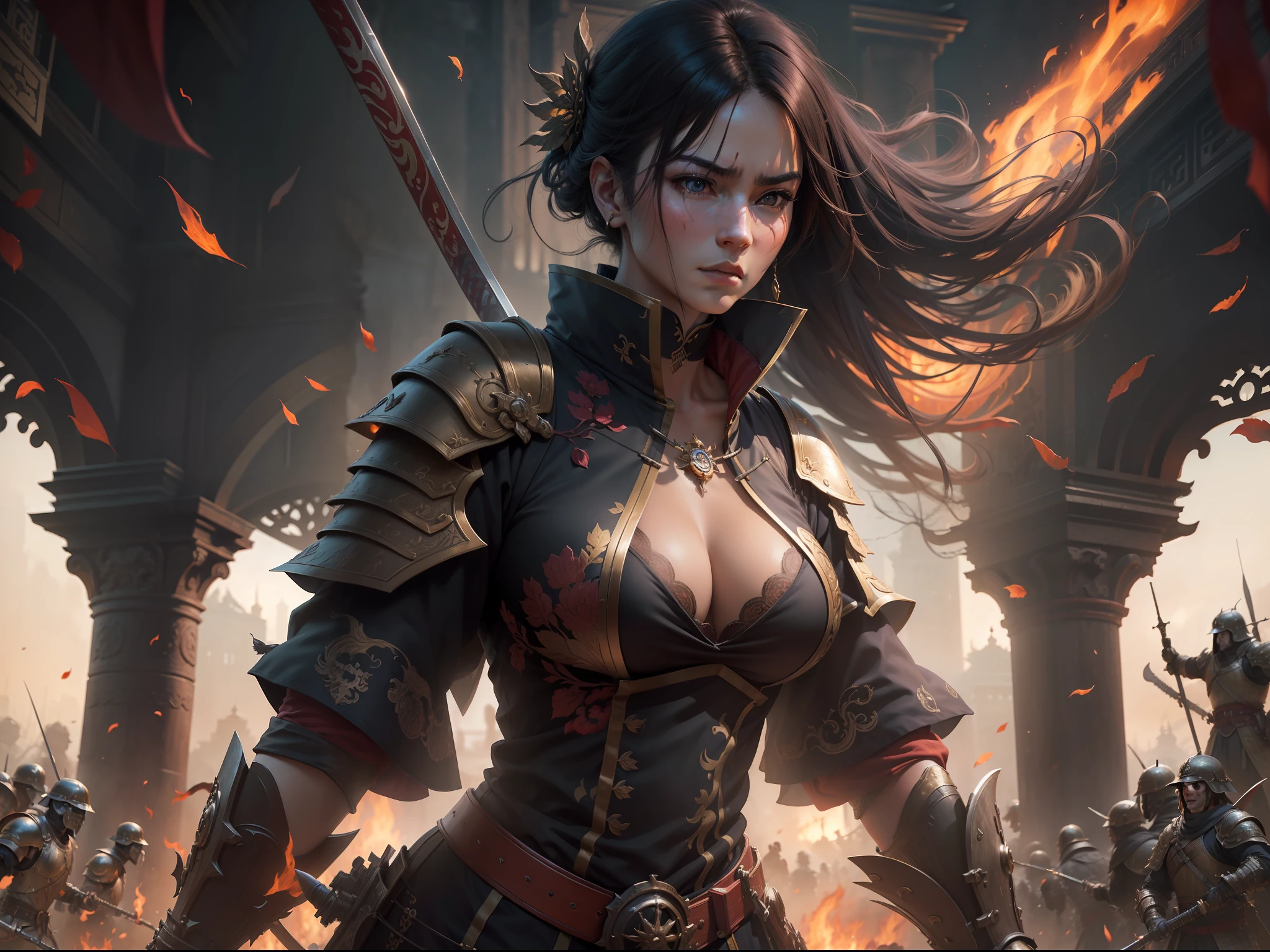 Best quality,masterpiece,ultra high res,(photorealistic:1.4),xiuxian,weapon,Detailed face, 1girl,solo, katana weapon, cleavage,(magic circle:1.2),xiuxian,Beautiful girl, full body, oni mask, east asian architecture,sheath,architecture, samurai, japan, small boobs, fantasy, high quality, ultra detailed in 4k, 8k, high resolution, fantasy coverart style, fantasy japan medival, sharp focus, depth of field, army into battle, heroic, bright, moody, intense, fantasy knight, realistic shadows, high quality, ultra detailed in 4k, 8k, high resolution, sharp focus, depth of field, faded, (neutral colors:1.2), (hdr:1.4), (muted colors:1.2), hyperdetailed, (artstation:1.4), cinematic, warm lights, dramatic light, (intricate details:1.1), complex background, (rutkowski:0.66), (teal and orange:0.4)", steampunk battle city background, monster in a battlefield of blood and fire. As he fought, the bodies of his enemies piled up around her, but he remained untouched, his figure growing larger and more majestic with each passing moment. Finally, after defeating the entire army alone, the general stood victorious, his sword still raised high. His bravery and triumph filled the battlefield with a sense of solemn grandeur. hdr, (photorealism, masterpiece quality, best quality). masterpiece, best quality, Joan of Arc leading her army into battle, heroic, bright, moody, intense