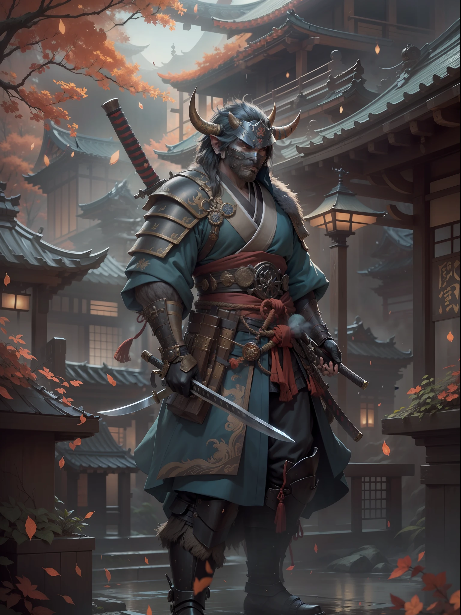a Man samurai, oni mask, katana, best quality, masterpiece, steampunk, ultra high res,(photorealistic:1.4) ,weapon,Detailed face, 1 men , solo, katana weapon, cleavage,(magic circle:1.2), full body, oni mask, east asian architecture, sheath, architecture, steampunk samurai, japan, wearing steel armor, carry a long sword, medival, fantasy, high quality, ultra detailed in 4k, 8k, high resolution, fantasy coverart style, fantasy japan medival, sharp focus, depth of field. neutral colors:1.2), (hdr:1.4), (muted colors:1.2), hyperdetailed, (artstation:1.4), cinematic, warm lights, dramatic light, (intricate details:1.1), complex background, (rutkowski:0.66), (teal and orange:0.4)",soft glow, magic splatter, (Tyler jacobson:1.4) fantasy style, clean art, shaded flat illustration, digital art, misty rain, misty weather