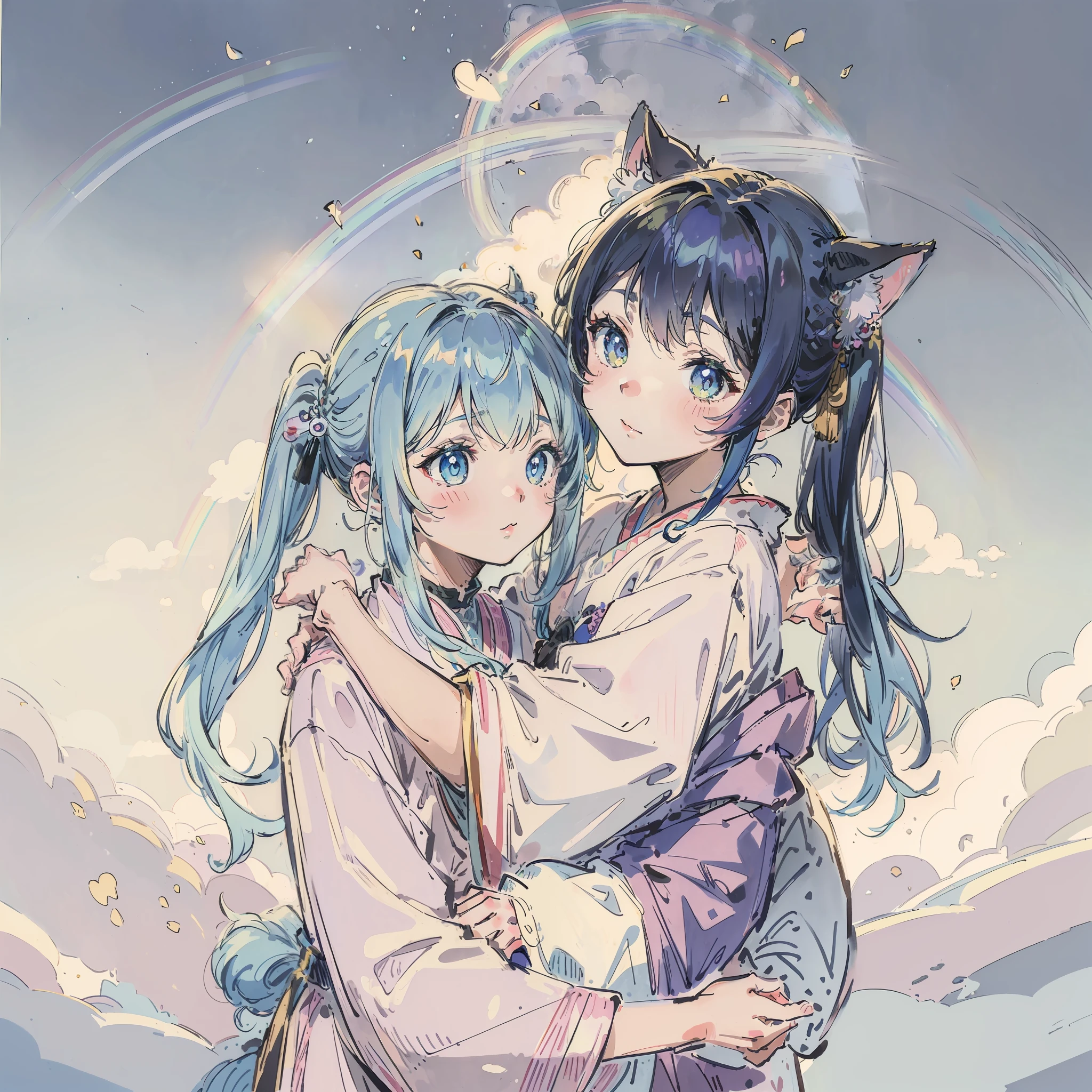 (Best quality1.2、masutepiece)、A stunning、Take a cute cat and cuddle it)、kawaii、Light blue hair(rainbow-colored hair)、(poneyTail)
