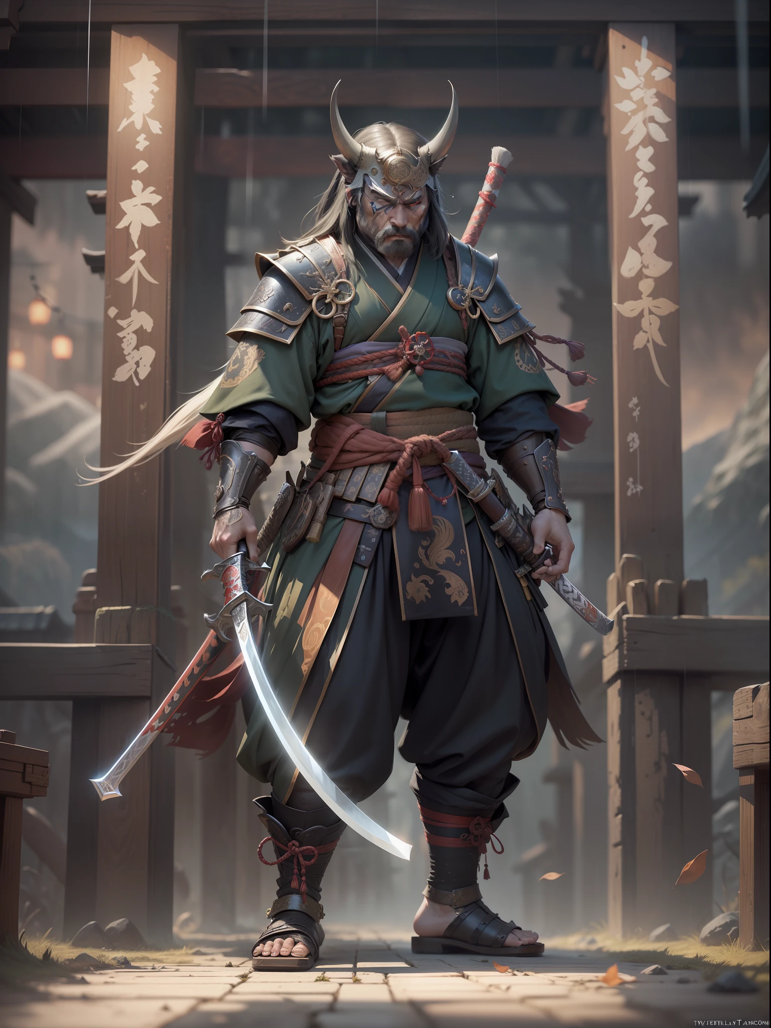 a Man samurai, oni mask, katana, best quality, masterpiece, steampunk, ultra high res,(photorealistic:1.4) ,weapon,Detailed face, 1 men , solo, katana weapon, cleavage,(magic circle:1.2), full body, oni mask, east asian architecture, sheath, architecture, steampunk samurai, japan, wearing steel armor, carry a long sword, medival, fantasy, high quality, ultra detailed in 4k, 8k, high resolution, fantasy coverart style, fantasy japan medival, sharp focus, depth of field. neutral colors:1.2), (hdr:1.4), (muted colors:1.2), hyperdetailed, (artstation:1.4), cinematic, warm lights, dramatic light, (intricate details:1.1), complex background, (rutkowski:0.66), (teal and orange:0.4)",soft glow, magic splatter, (Tyler jacobson:1.4) fantasy style, clean art, shaded flat illustration, digital art, misty rain, misty weather