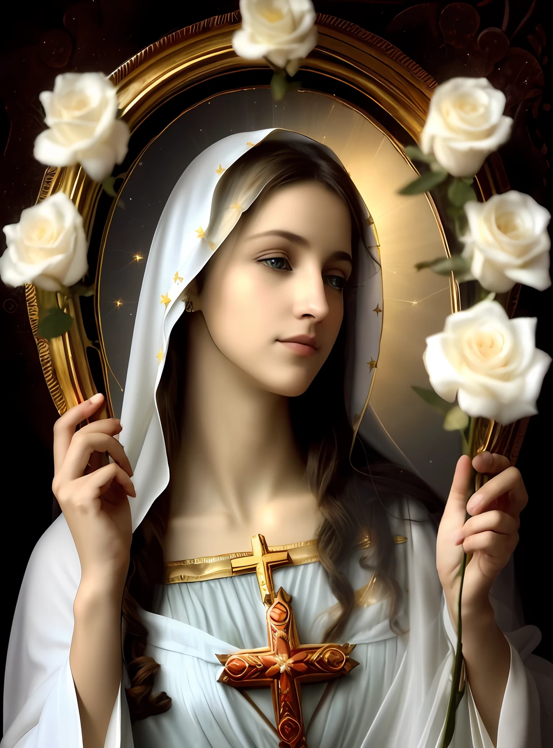 (((Blessed Virgin Mary))) Obra maestra, (La mejor calidad: 1.2), (super fine: 1.2), illustration, (extremadamente delicado y hermoso: 1.2), movie angle, flotante, (Hermoso ojo de detalle: 1.1), (detalle luz: 1.1), Movie Lights, Cielo delicado, ojos azules, (Cola de caballo alta: 1.1), capa, ojuelos, (luna: 1. 2), (Luz de la luna: 1.1), cielo estrellado, (light particles: 1.1) dibujo, flor. (Obra maestra), (La mejor calidad), (fotorrealista:1.3), 8k, Textura detallada de la piel, Textura detallada de la tela, Hermosa cara detallada, Detalles intrincados, Ultra detallado (cuerpo de cuerpo entero:1.2)