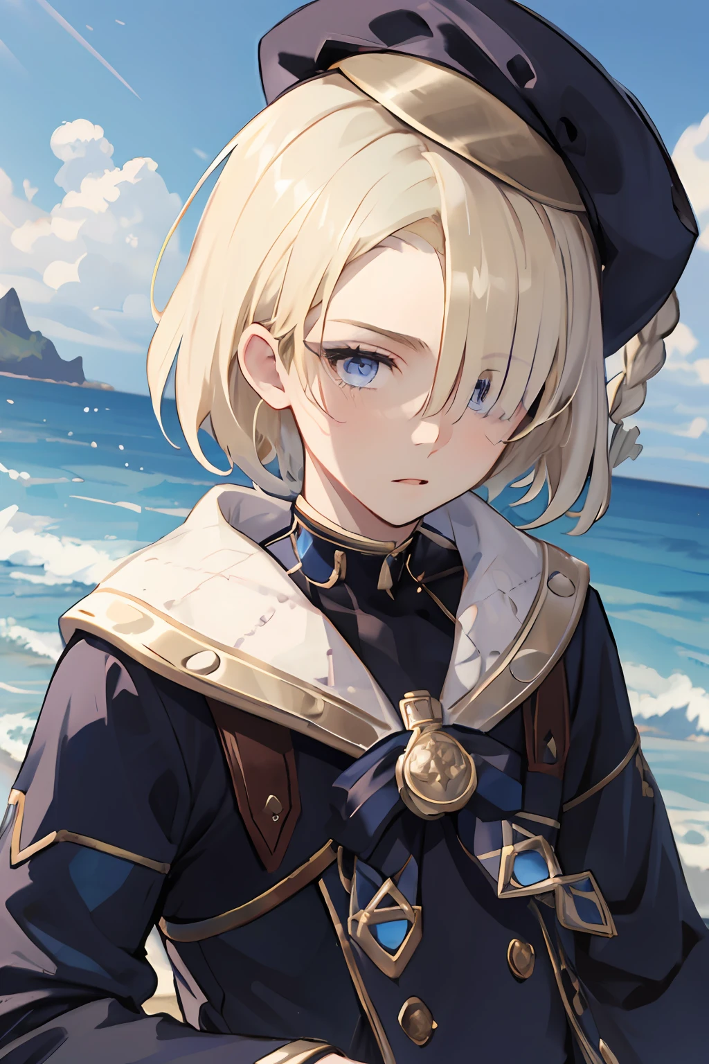 freminet, 1boy, solo, hair over one eye, short hair, blonde hair, purple eyes, blue eyes, sailor collar, black jacket, big white cuffs, black beret, blue details, on the shore of the ocean