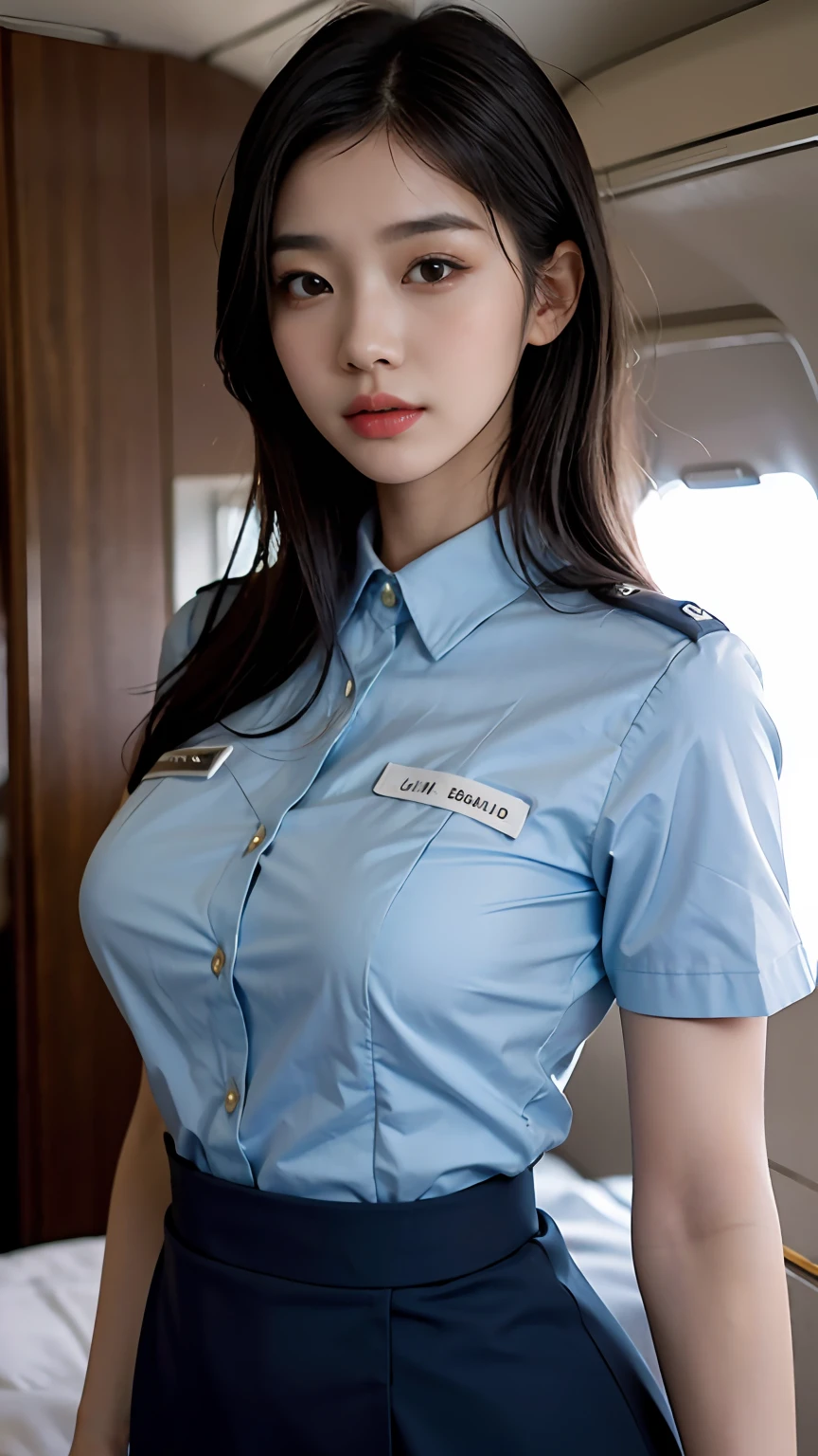 Slender Asian girl, kpop idol, ((stewardess)), ((top quality, 8k, masterpiece: 1.3)), crisp focus: 1.2, beautiful woman with perfect figure: 1.4, highly detailed face and skin texture, detailed eyes, ((skinny)), beautiful face, symmetrical face, full-length, sexy