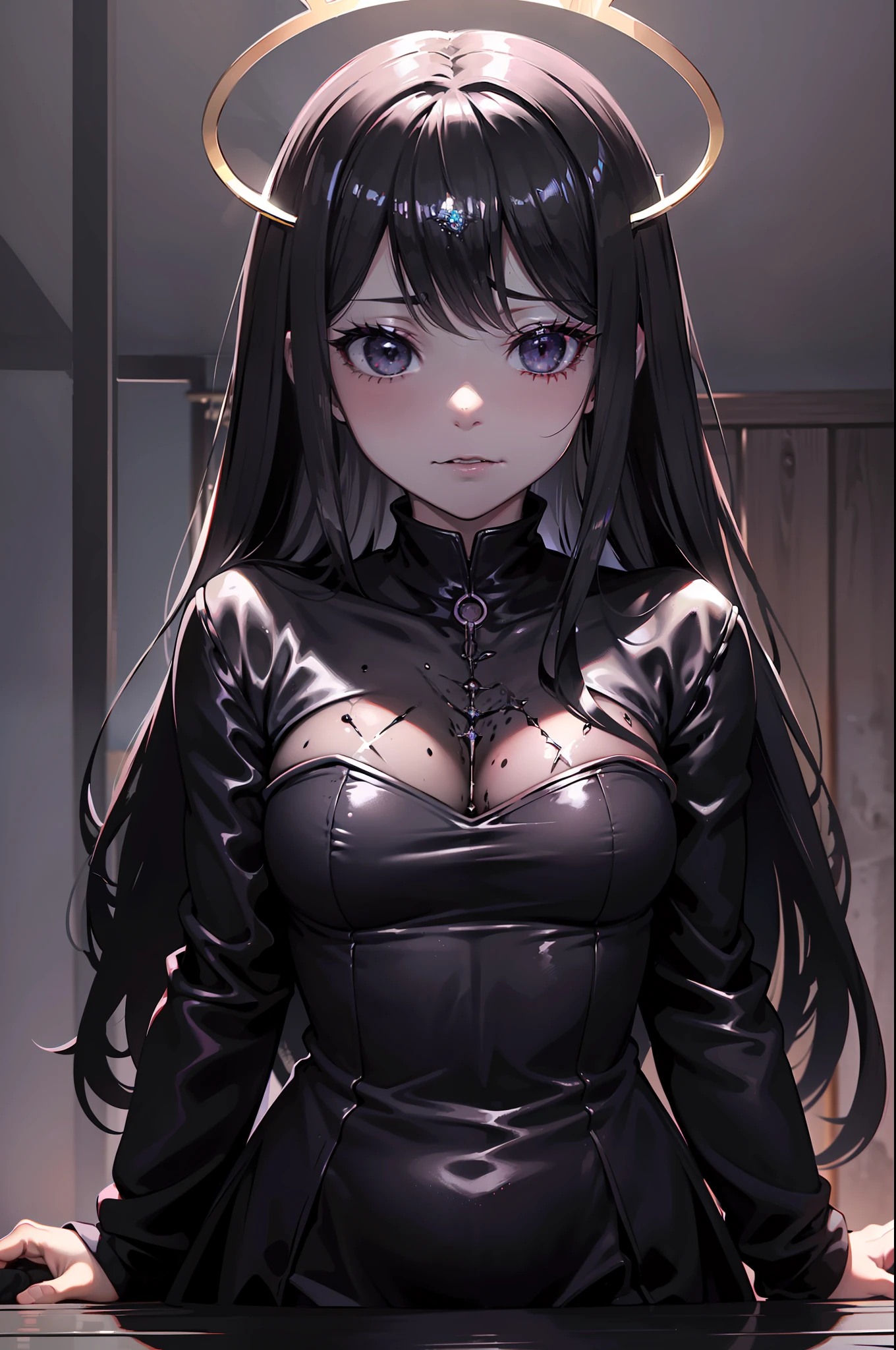 Una criatura sacada de las peores pesadillas. cuerpo femenino, shark teeth, ((4 brazos extra monstruosos que salen de su espalda de un materia viscosa de color negro)), ((halo brillante en su cabeza)), ojos rojos. You're in a school classroom with a threatening attitude. ((Brazos dobles viscosos y afilados)) ((viscous black liquid))