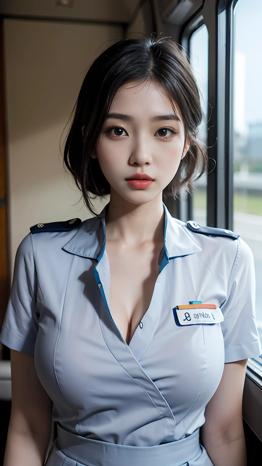 Slender Asian girl, kpop idol, ((stewardess)), ((top quality, 8k, masterpiece: 1.3)), crisp focus: 1.2, beautiful woman with perfect figure: 1.4, highly detailed face and skin texture, detailed eyes, ((skinny)), beautiful face, symmetrical face, full-length, sexy