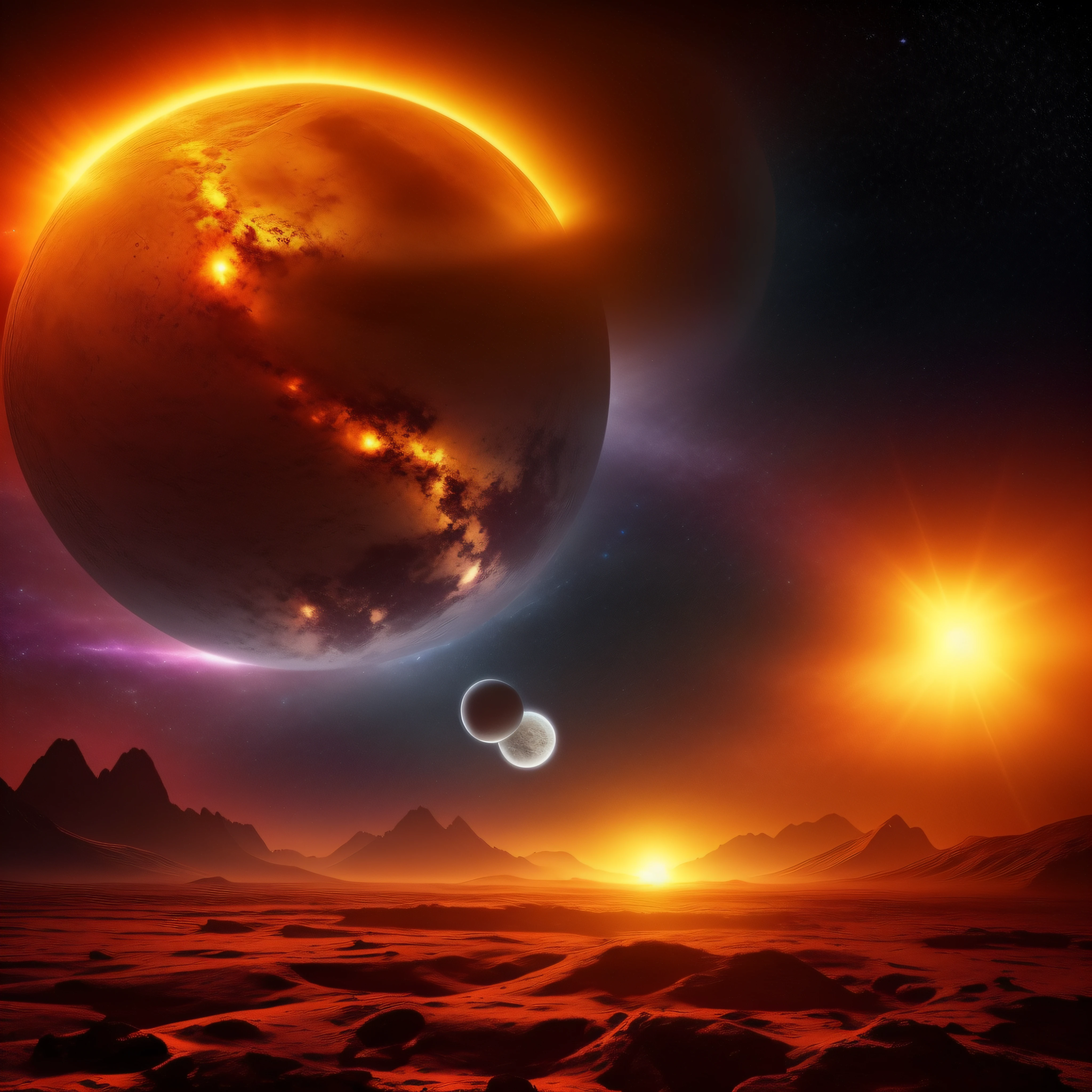 (extremadamente detallado, obra maestra, La mejor calidad), Estilo oscuro, intense illumination, Virus floating through space approaching a planet. imagen vista por un telescopio.