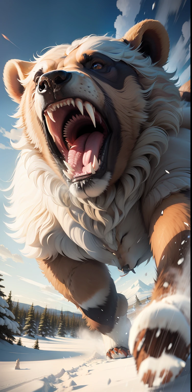 battle bear running through tundra, open mouth