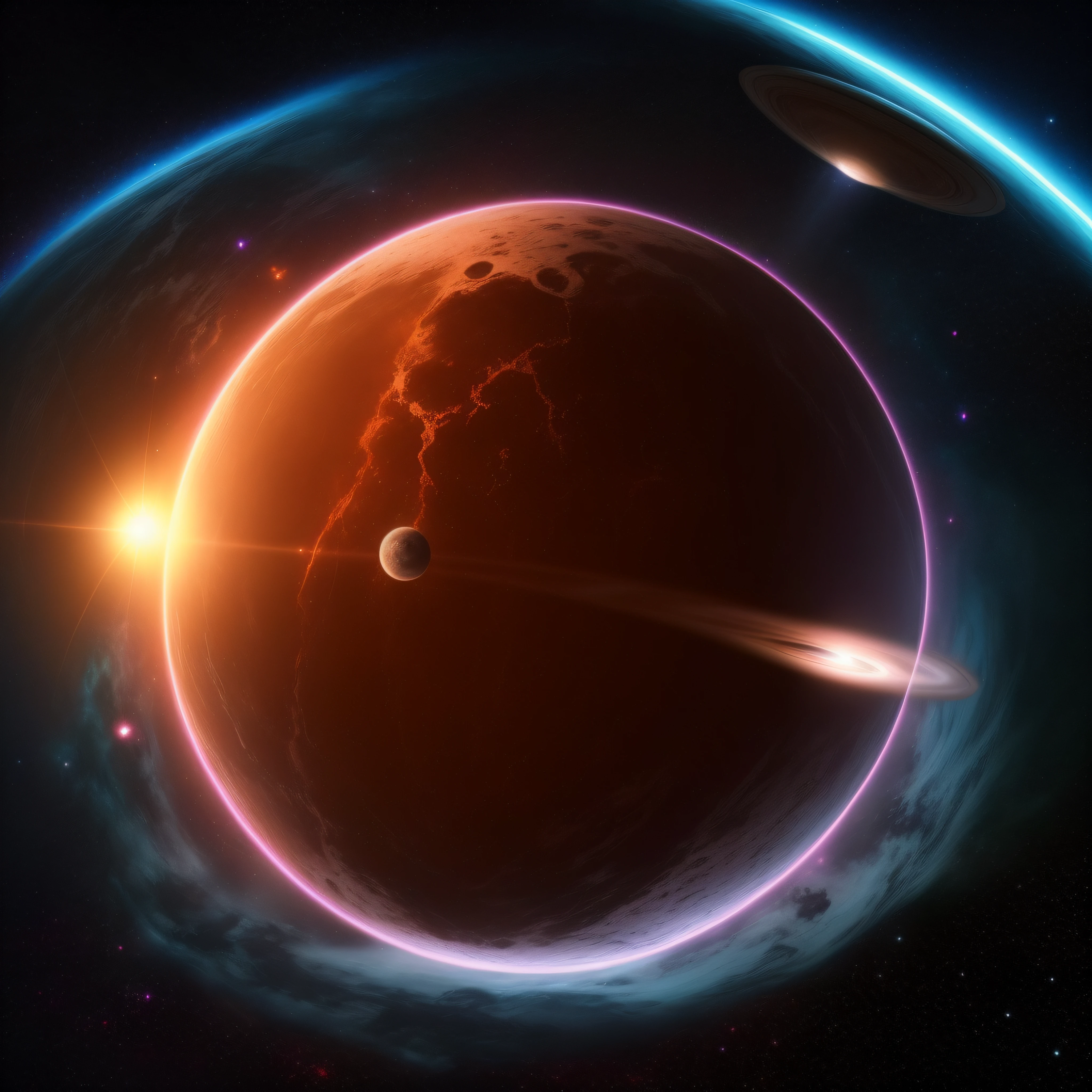 (extremadamente detallado, obra maestra, La mejor calidad), Estilo oscuro, intense illumination, Virus floating through space approaching a planet. imagen vista por un telescopio.
