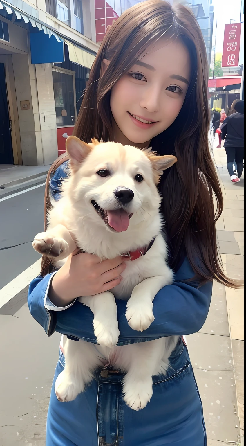 ((top-quality、8K、masterpiece:1.3))、1girl in、A smile、full body Esbian、Slim Faces、Pretty women、g-cup:1.2、Valley、 Fluffy long hair、(dark brown hair) 、Thin shirt、tight skirts:1.1、hyperdetailed face、A detailed eye、二重まぶた、blured background、Slim Faces、城市、takeout、a street、Stay with the dog:1.3、pet、Staring at the dog、Frolic with pets、prety dog