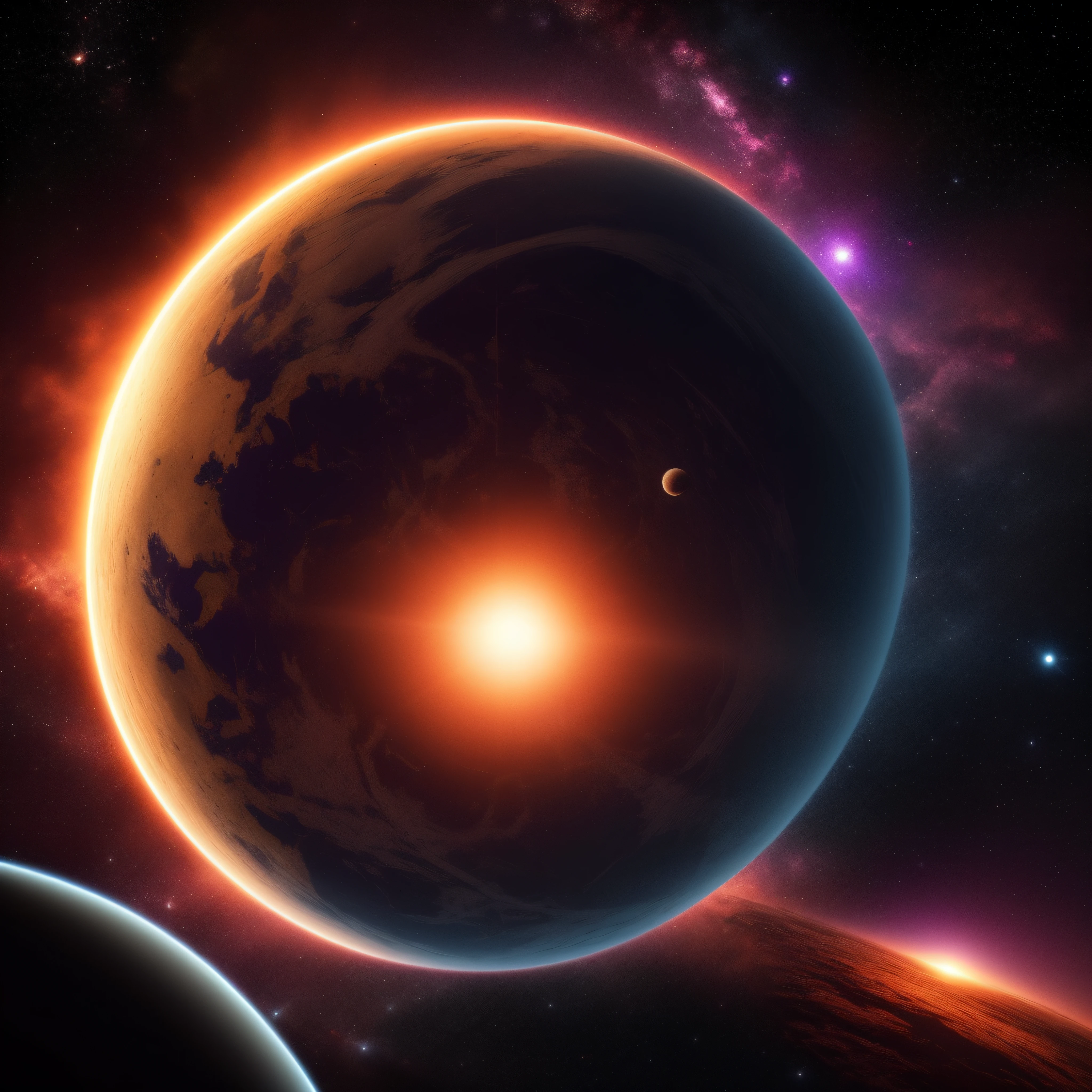 (extremadamente detallado, obra maestra, La mejor calidad), Estilo oscuro, intense illumination, Virus floating through space approaching a planet. imagen vista por un telescopio.