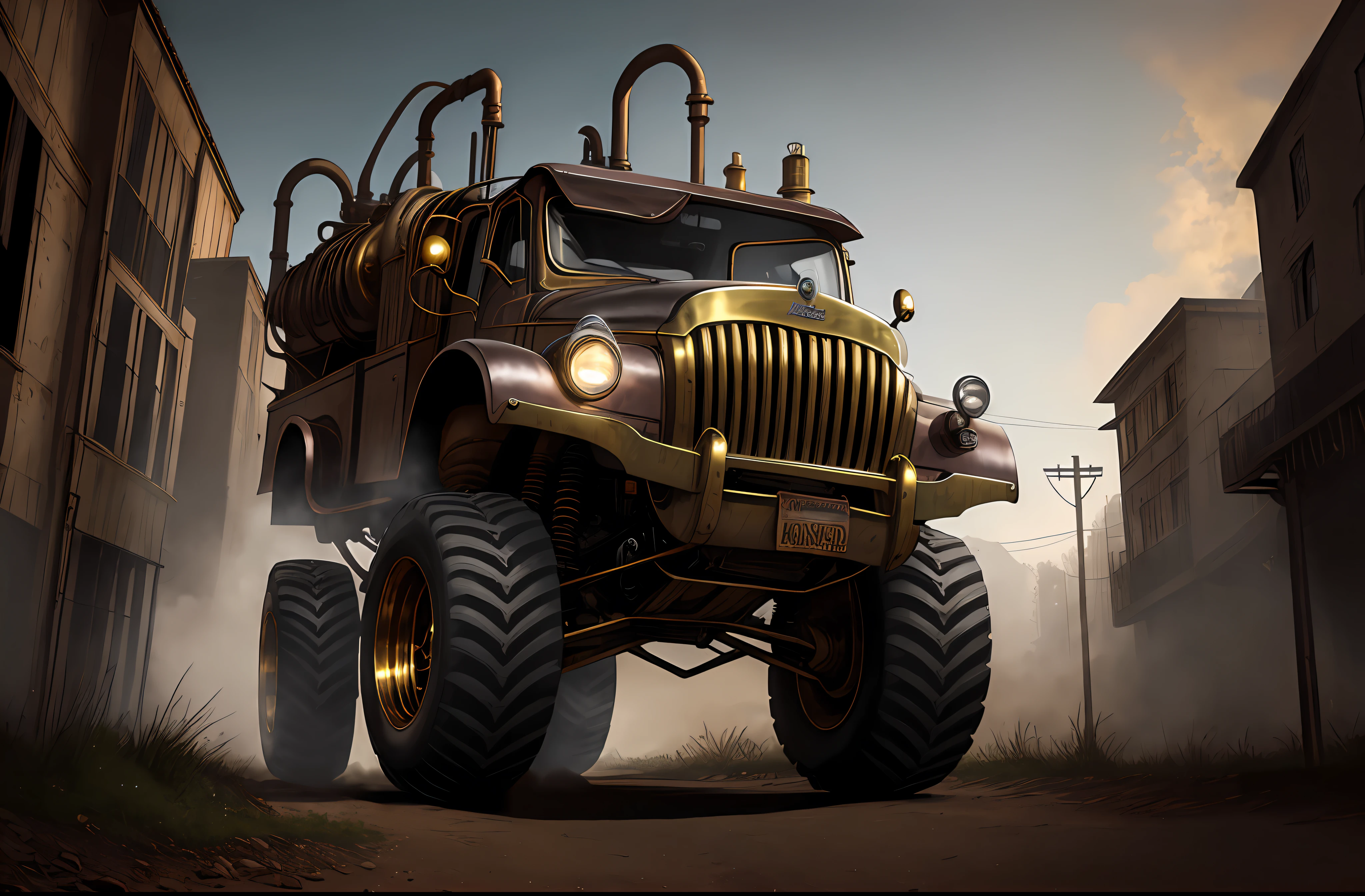 a stunning photo of a steampunk monster truck, side view, brass, steel, pipes