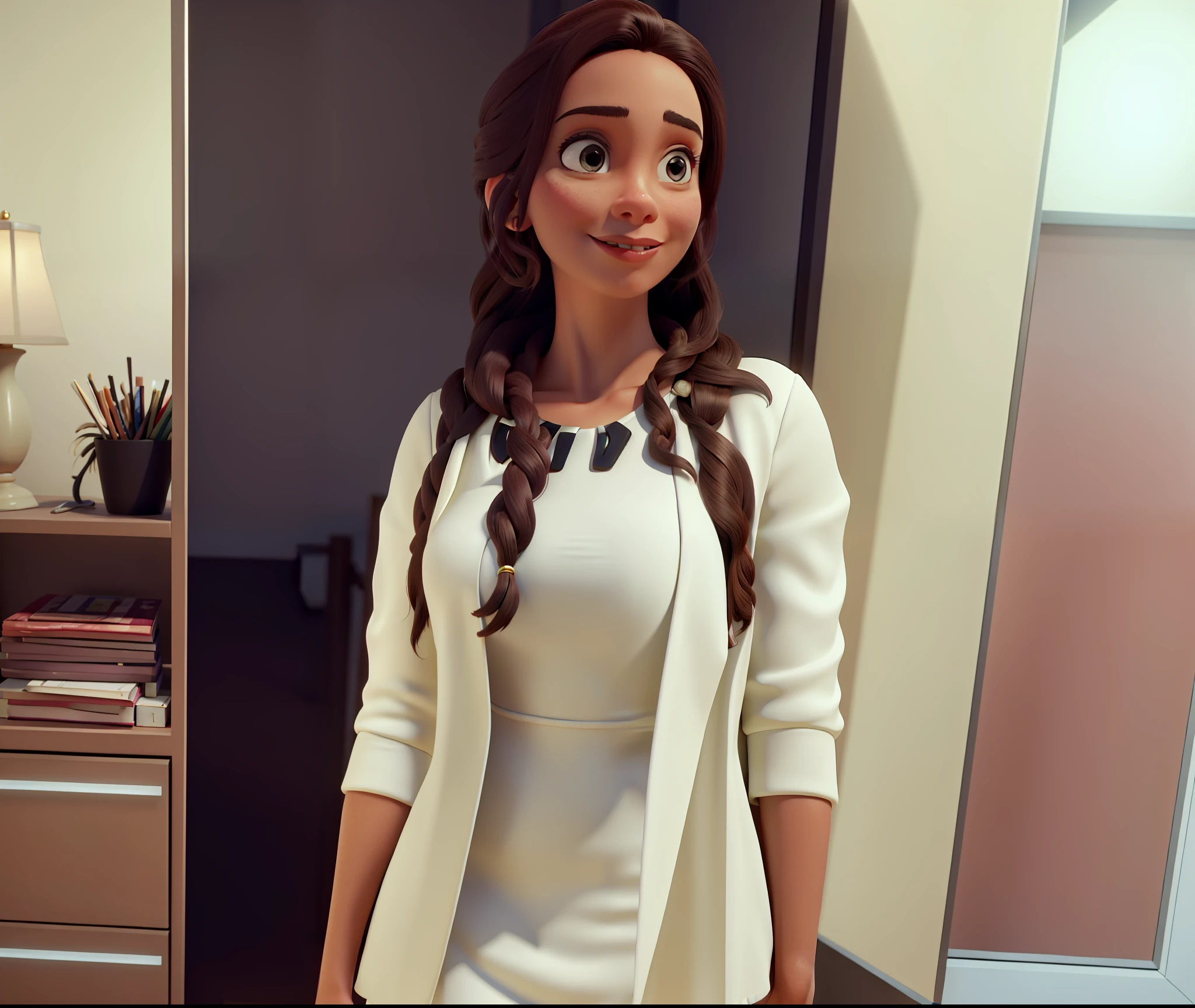 Obra prima de uma mulher de aproximadamente 35 anos, Beautiful in Ultra Definition, dando destaque para sua pele em alta qualidade, wearing a white dress in high definition detail, cinematic lighthing, profesional lighting, studio illumination, 8k