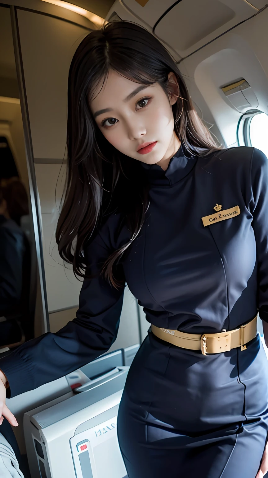 Slender Asian girl, kpop idol, ((stewardess)), ((top quality, 8k, masterpiece: 1.3)), crisp focus: 1.2, beautiful woman with perfect figure: 1.4, highly detailed face and skin texture, detailed eyes, ((skinny)), beautiful face, symmetrical face, full-length, sexy