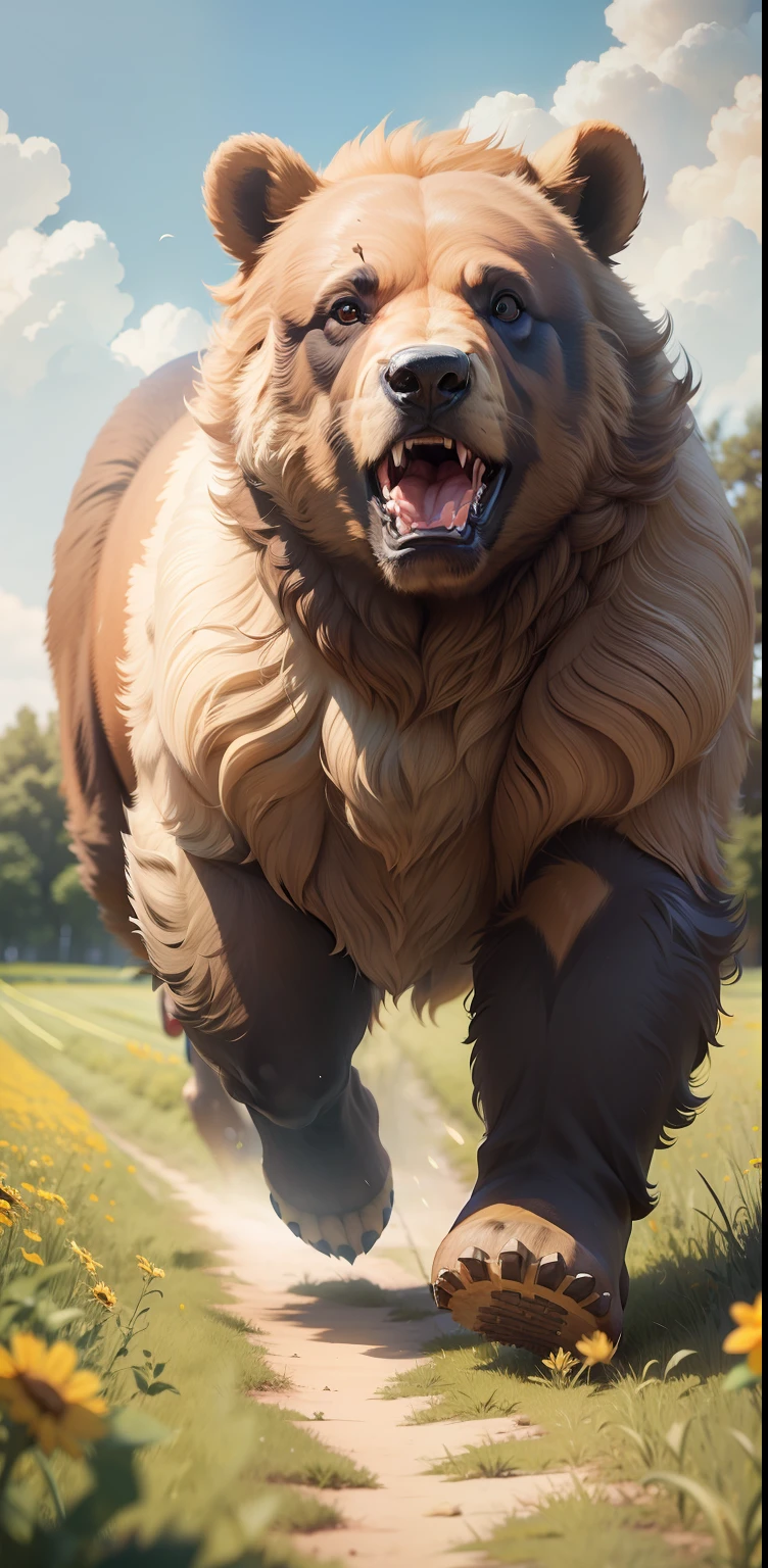 battle bear running through summer field, open mouth