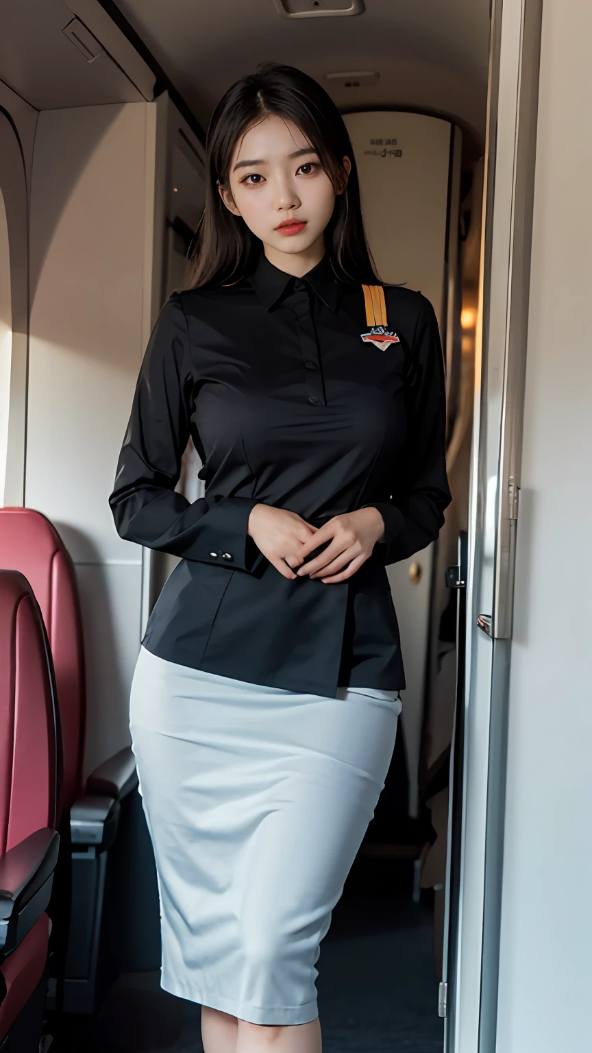 Slender Asian girl, kpop idol, ((stewardess)), ((top quality, 8k, masterpiece: 1.3)), crisp focus: 1.2, beautiful woman with perfect figure: 1.4, highly detailed face and skin texture, detailed eyes, ((skinny)), beautiful face, symmetrical face, full-length, sexy