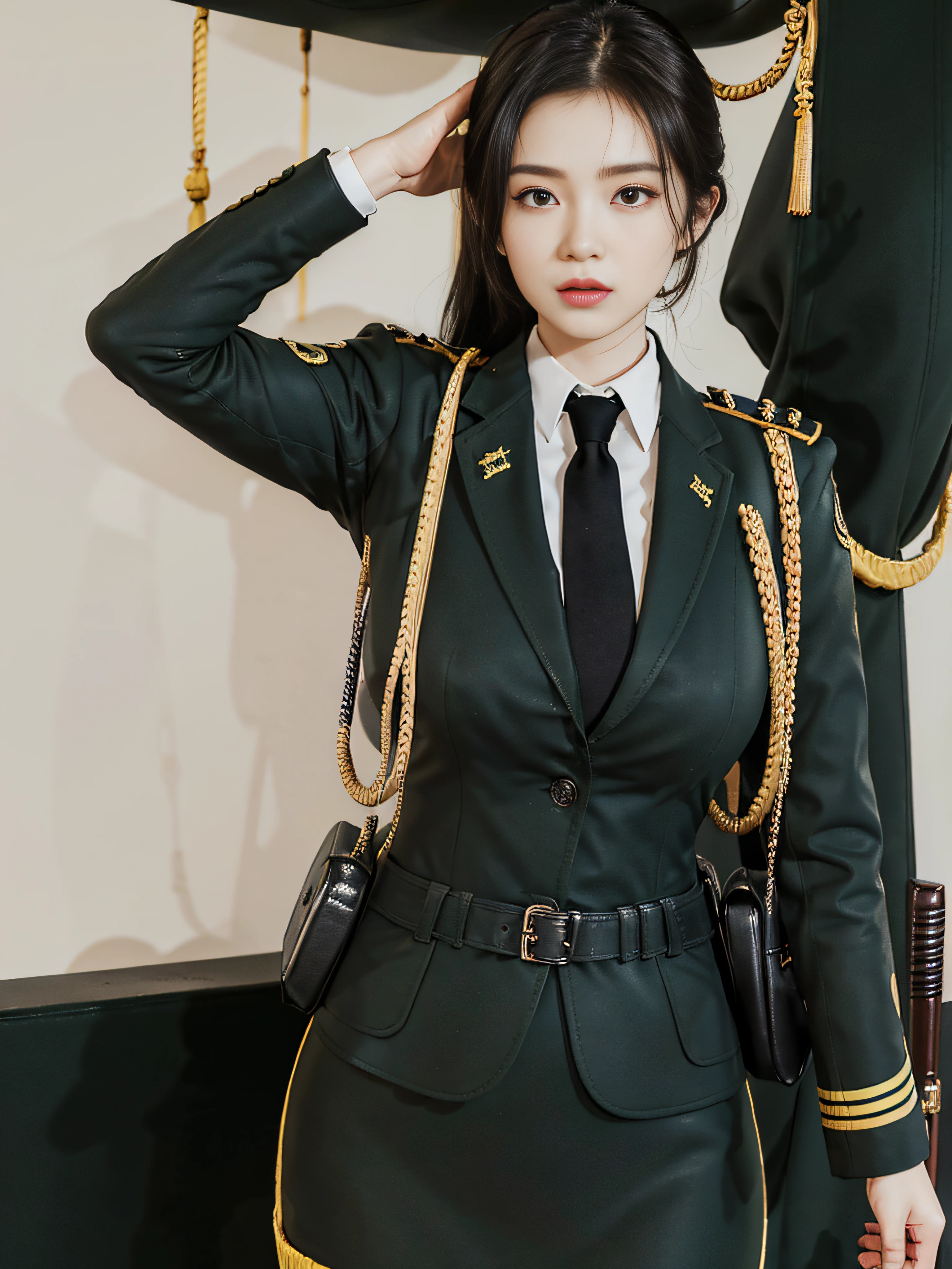 Very detailed CG unity 8K wallpaper，（tmasterpiece），（best qualtiy），（ultra - detailed），（Ultra photo realsisim），（best character detail：1.36），Nikon D750 f / 1.4 55mm，profesional lighting， physically-based renderingt, 1girll, Female soldier，army suit，Green military uniform，Fabric texture military uniform，Pure white lining，Dark green tie，Black hair，the golden ratio,[:(com rosto detalhado:1.2):0.2]:,PureErosFace_V1, broad shoulder,(Bigchest:1.5),(big assa:1.5)，Soaked with sweat，Place your hands on your chest，red flags，At the cafe，Splendid scenery，bright sun，upper body photos，Flag of China，Salute with your hands，