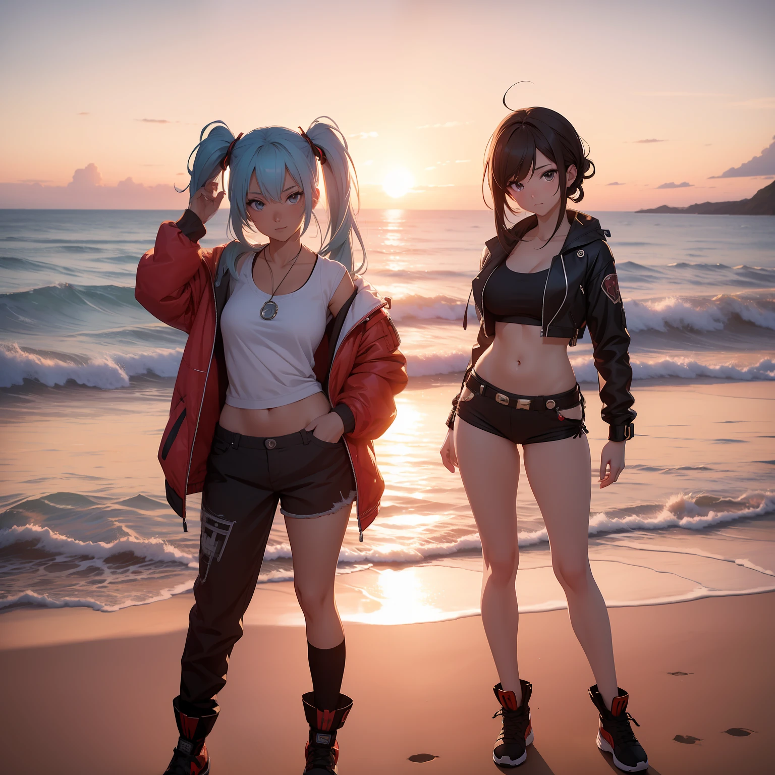 (masterpiece), best quality, ultra-HD, photorealistic, there is a woman standing on a beach with a sunset in the background, Bulma, cinematic outfit photo, full body cgsociety, casual pose, cinematic full body shot, amy sol in the style of, cgsociety inspired, anime style. 8k, dawn cgsociety, full-cosplay, anime girl cosplay, anime style 4 k