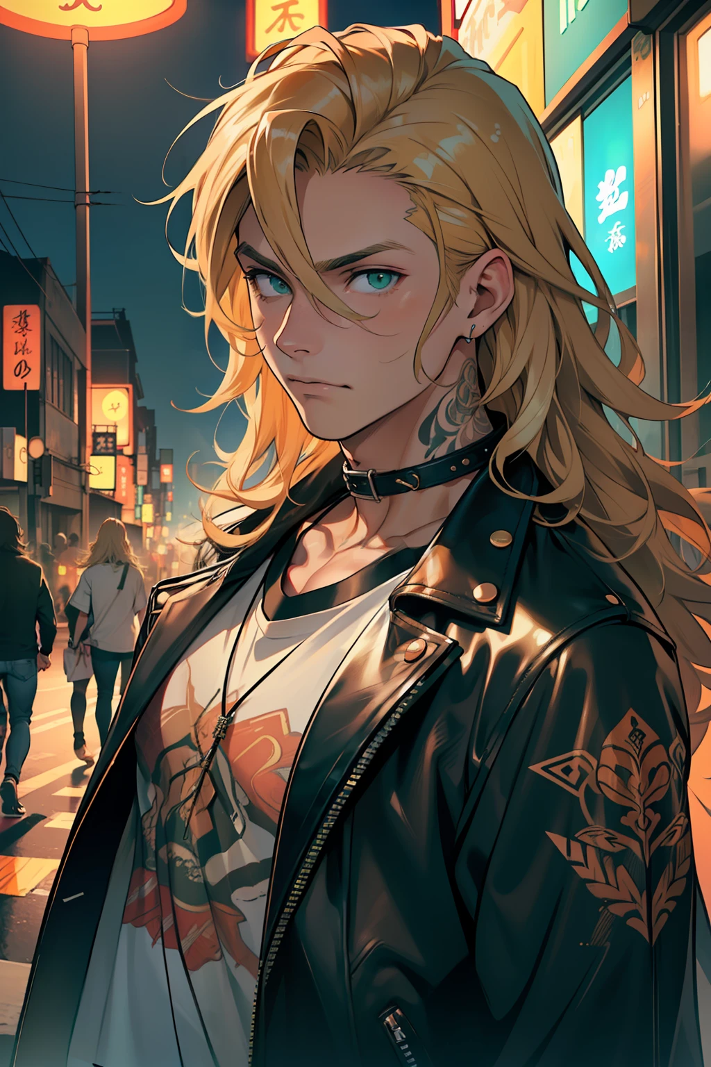 ((melhor qualidade)), ((obra-prima)), (altamente detalhado:1.3) A young man with long, wavy blonde hair, peach and green eyes, with an expression of boredom, wearing a leather jacket and a band T-shirt with several tattoos on his neck, on a Tokyo street at night;