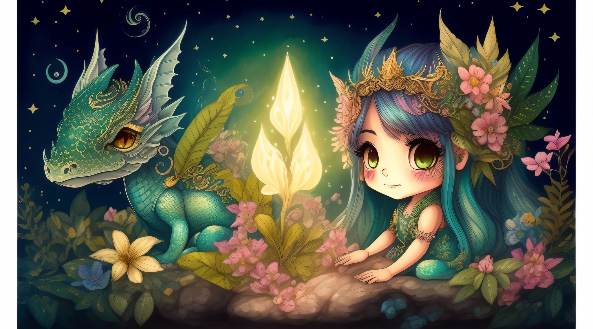 cuerpo completo de dibujos animados: Super cute little chibi portrait, Blue-gold and silver-green dragon creature, escamas hiperdetalladas, Magical details, de otro mundo, intrincados, Perfect Anatomia, Secret Garden, noche, bioluminiscencia, ojos grandes adorables, little guy, perfect ilumination, foco nítido, Cuento de hadas ambiente de colores apagados, estilo acuarela de jasmine bucket-griffith