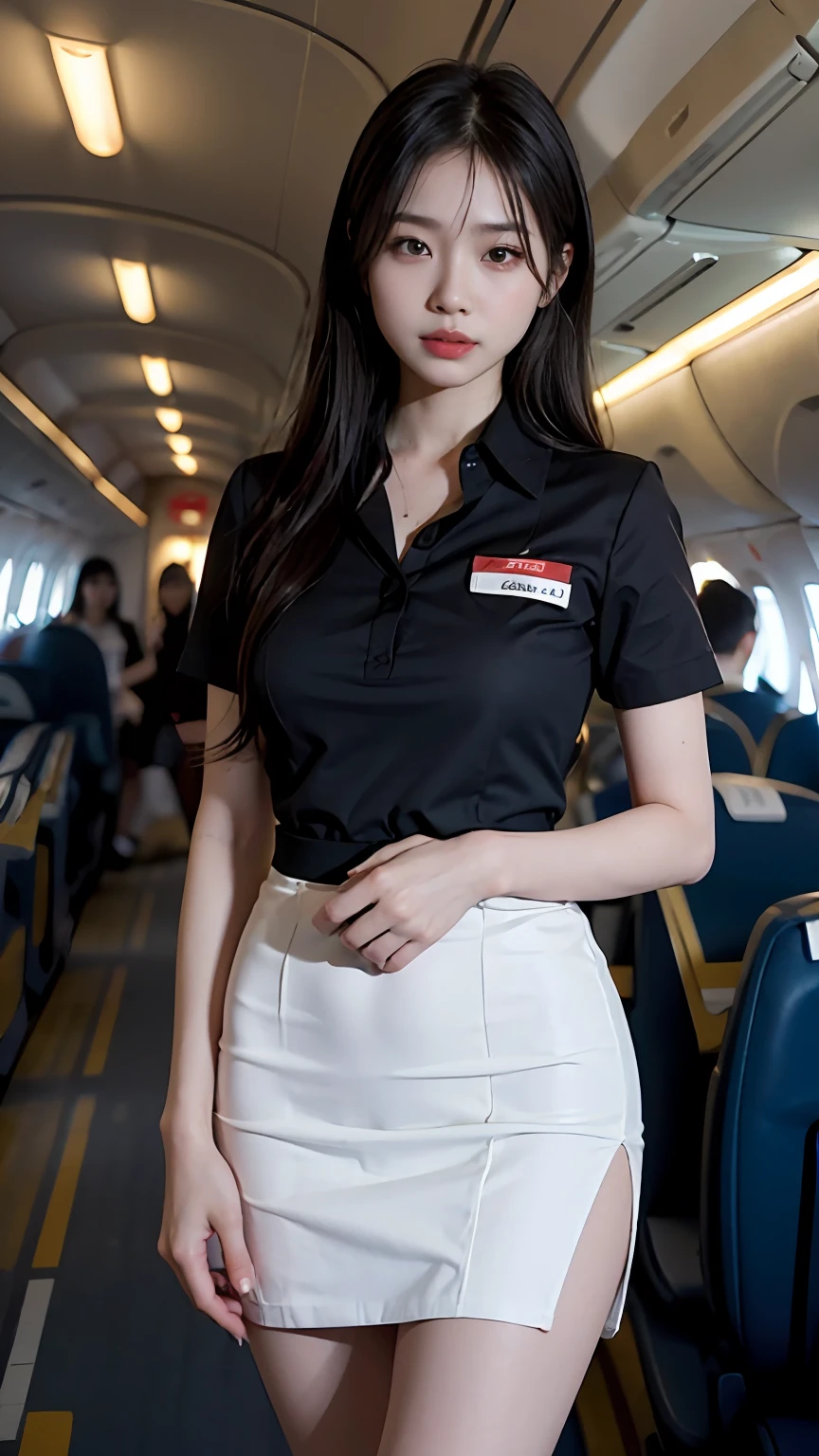 Slender Asian girl, kpop idol, ((stewardess)), ((top quality, 8k, masterpiece: 1.3)), crisp focus: 1.2, beautiful woman with perfect figure: 1.4, highly detailed face and skin texture, detailed eyes, ((skinny)), beautiful face, symmetrical face, full-length, sexy