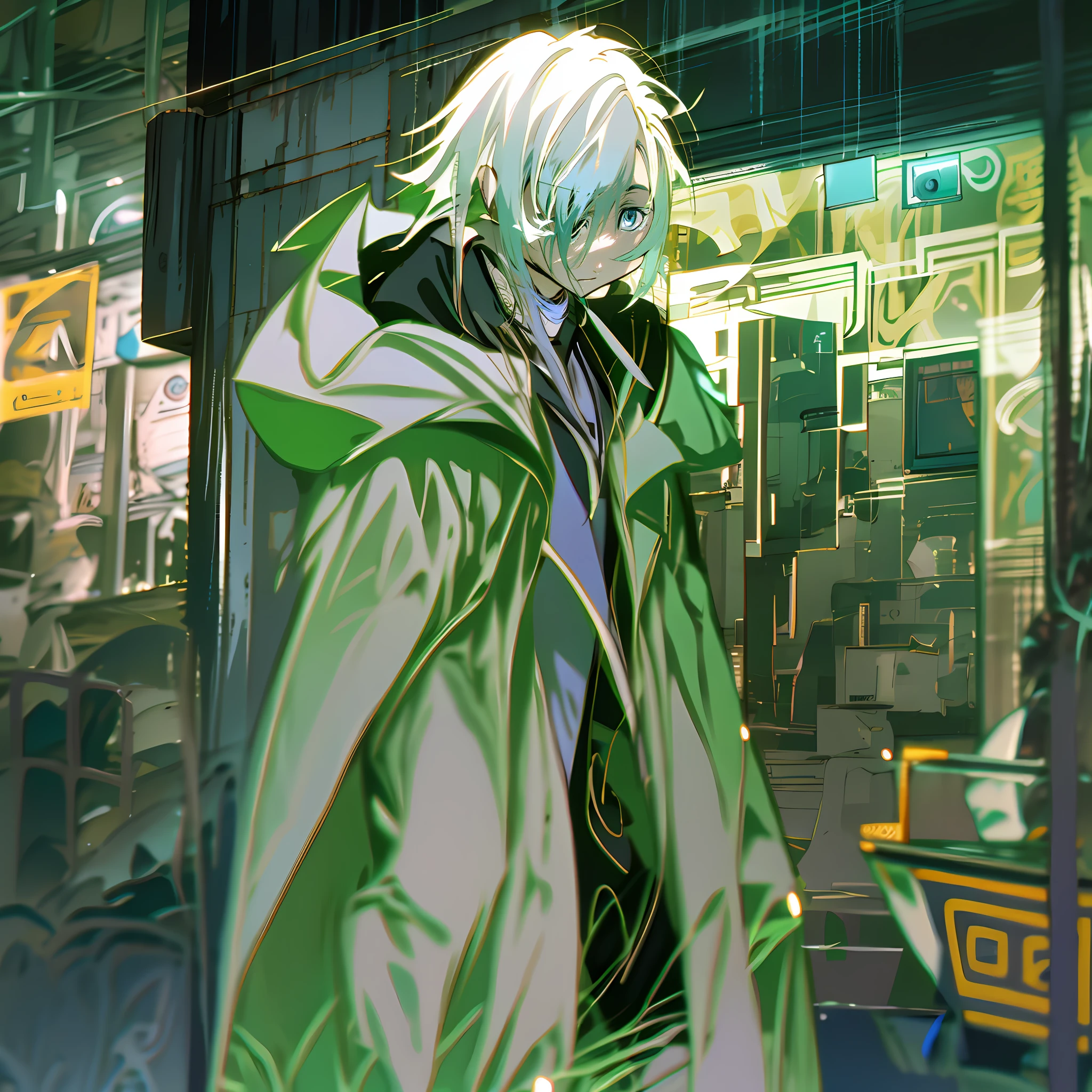 One with a hood、Medium and short hair,Put on a mysterious trench coat,Flowing little boy with white hair,Presents a unique two-dimensional feel,Cyber style,He looked down at the streets of the city,Playing with your phone。