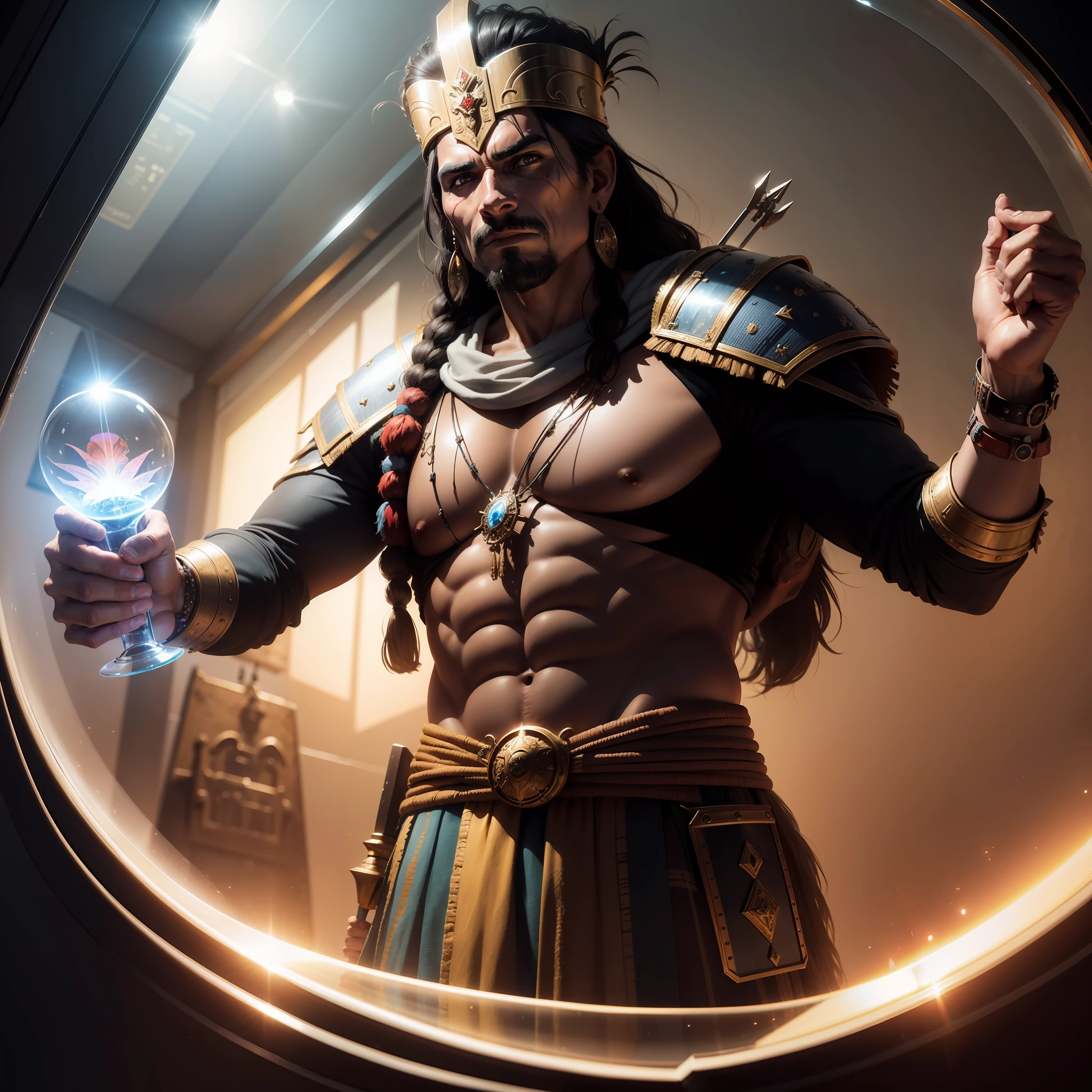 Inca King, warrior, fearless expression, holding crossbow, inside a glass tube on a alien space ship looking at a hologram 3d of alien god , 4k, realistic, masterpiece, best quality, realistic, detailed, sharp