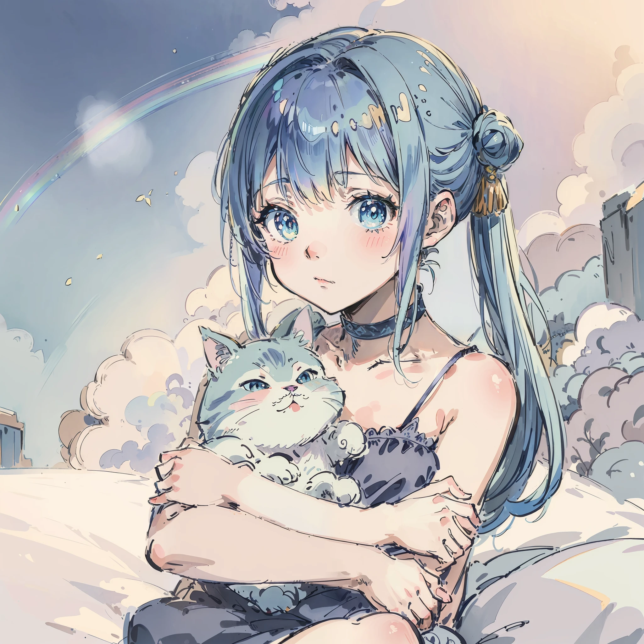 (Best quality1.2、masutepiece)、A stunning、Take a cute cat and cuddle it)、kawaii、Light blue hair(rainbow-colored hair)、(poneyTail)
