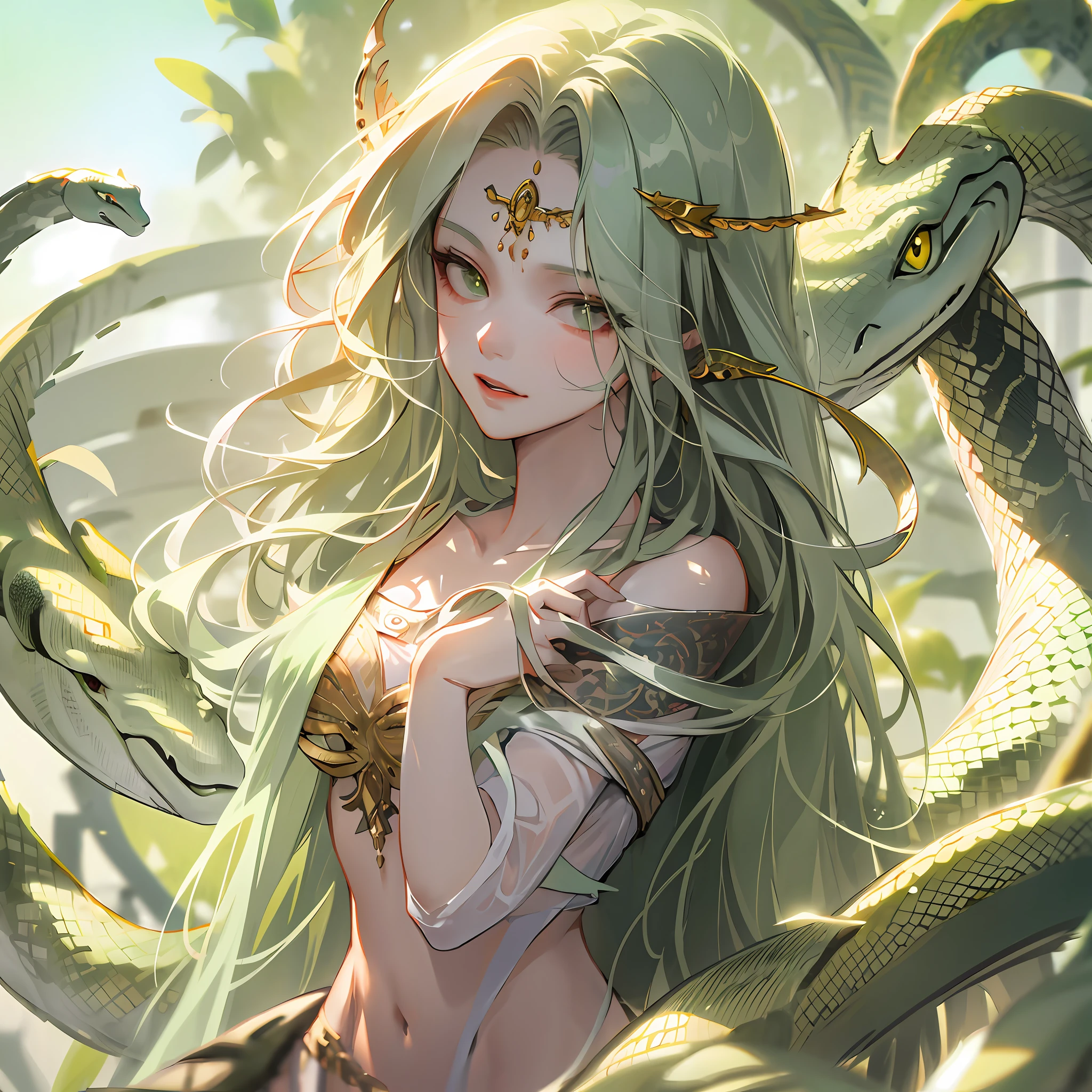 Anime girl with green hair and snake-like headdress, her many snakes as hair, beautiful female gorgon, Detailed digital anime art, Anime fantasy illustration, queen of snakes, by Yang J, trending on artstation pixiv, goddess of nature, Artgerm on ArtStation Pixiv, fierce medusa, female medusa long hair, Portrait Chevaliers du Zodiaque Fille