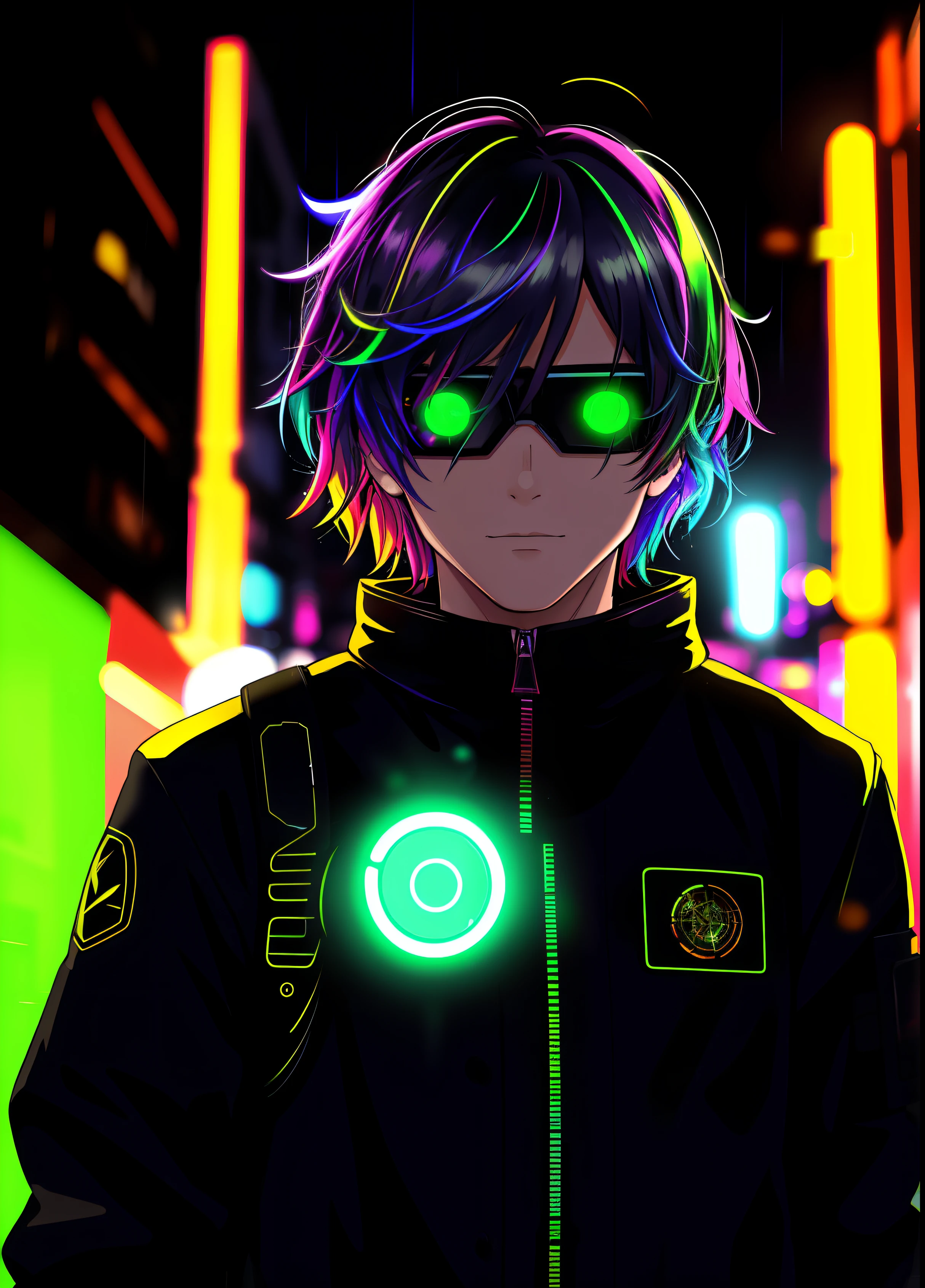 An award winning master piece photo of a cyborg man with psychedelic colors standing in a city street at night in the rain, wearing neon-colored glowing goggles, 8k, (high quality:1.1), (cinematic feeling:1.1), dark deep shadows, incredibly intricate detailing, art , (up close:1.1), from above, looking at viewer, (light sparkles:1.1), (chromatic aberration,:1.2) background with floating light artifacts
