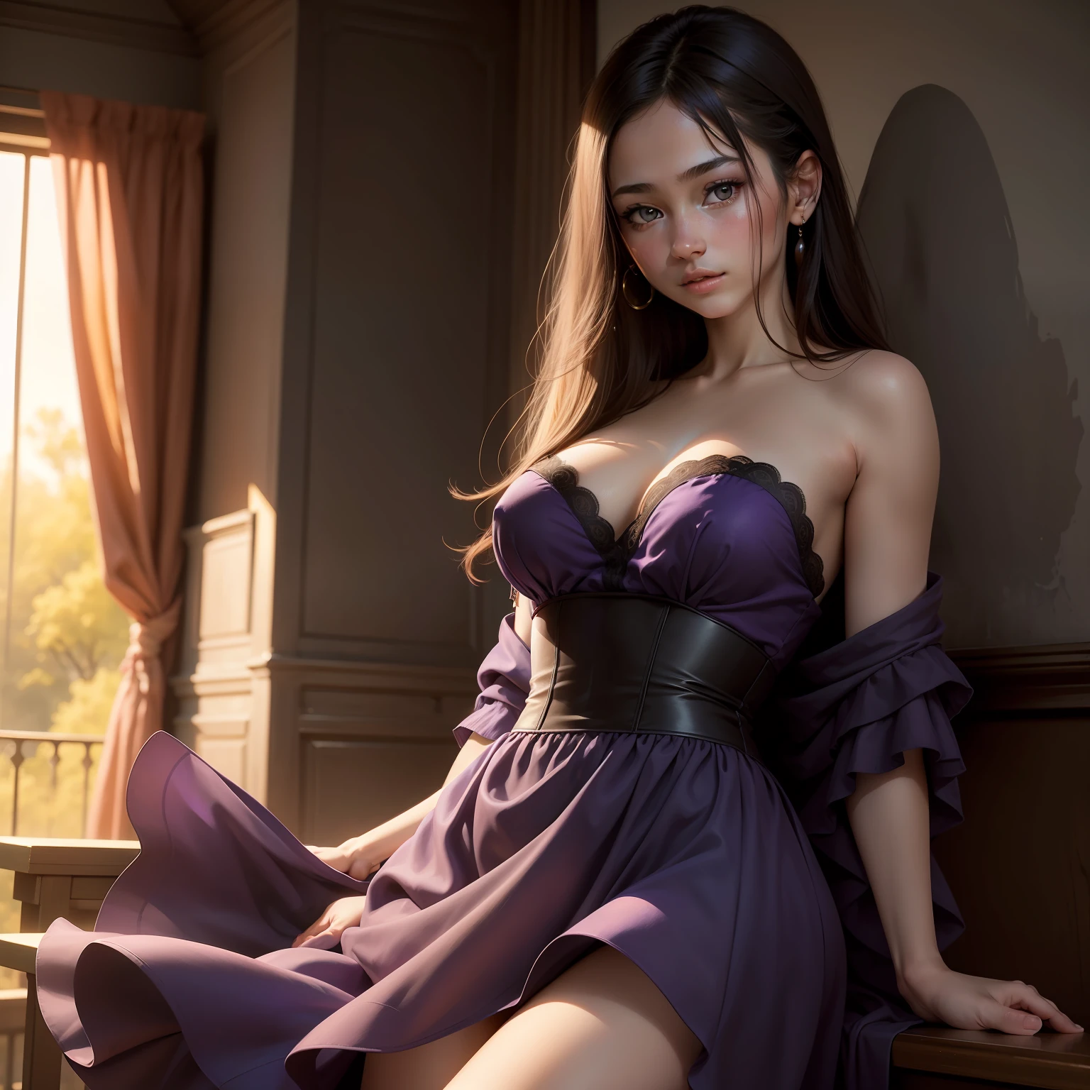 Best quality, masterpiece, super high resolution, (realistic: 1.5), original photo, wallpaper, full photo, skin, simple background, black eyes, detail, 1 girl, 18 years old, breeze, sunshine, purple dress, naked boobs
