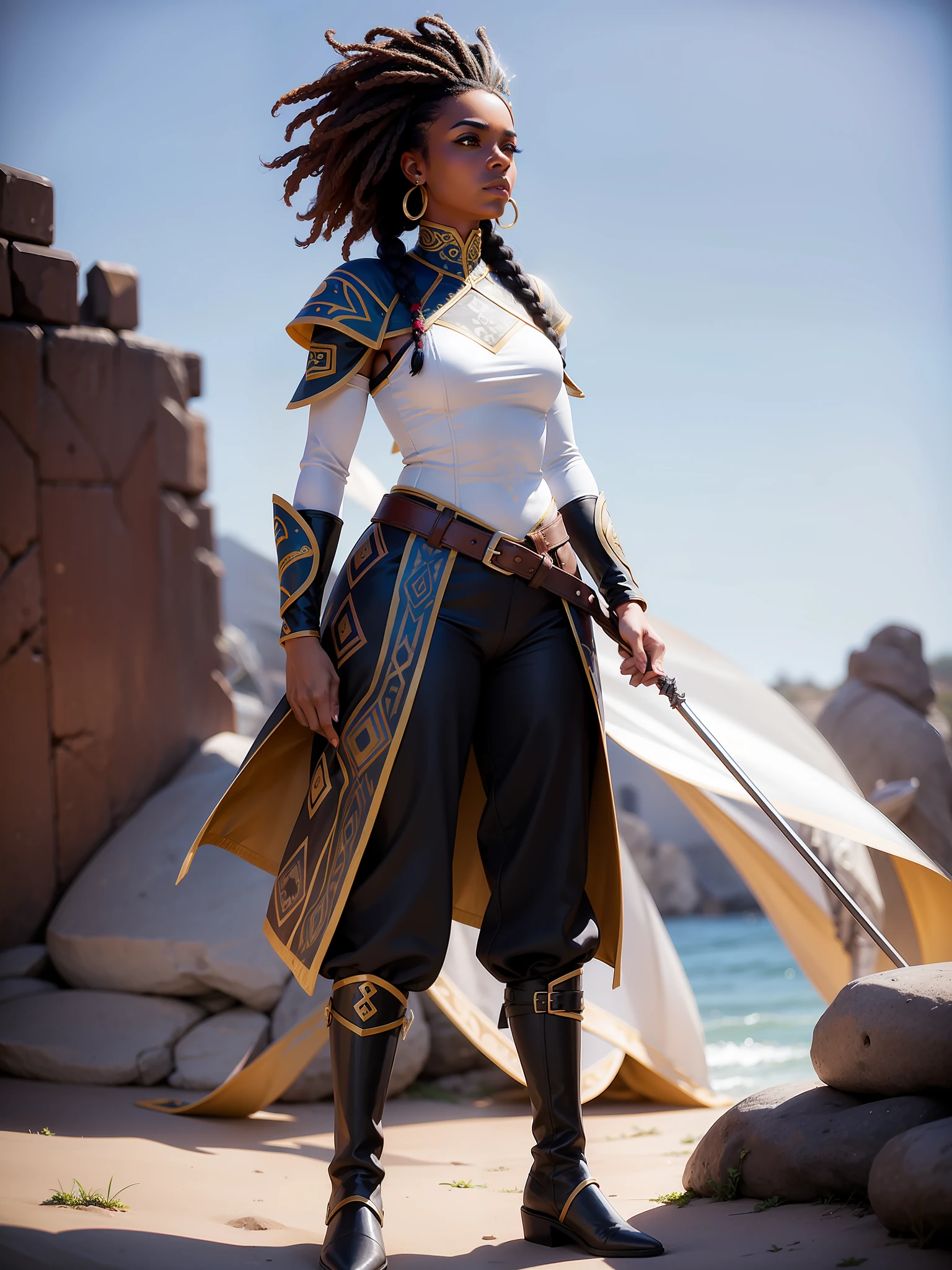 mulher afrodescendente, pele negra, guerreira, Braided black hair, Armadura medieval, Pants, Botas, dinamic pose, fundo branco