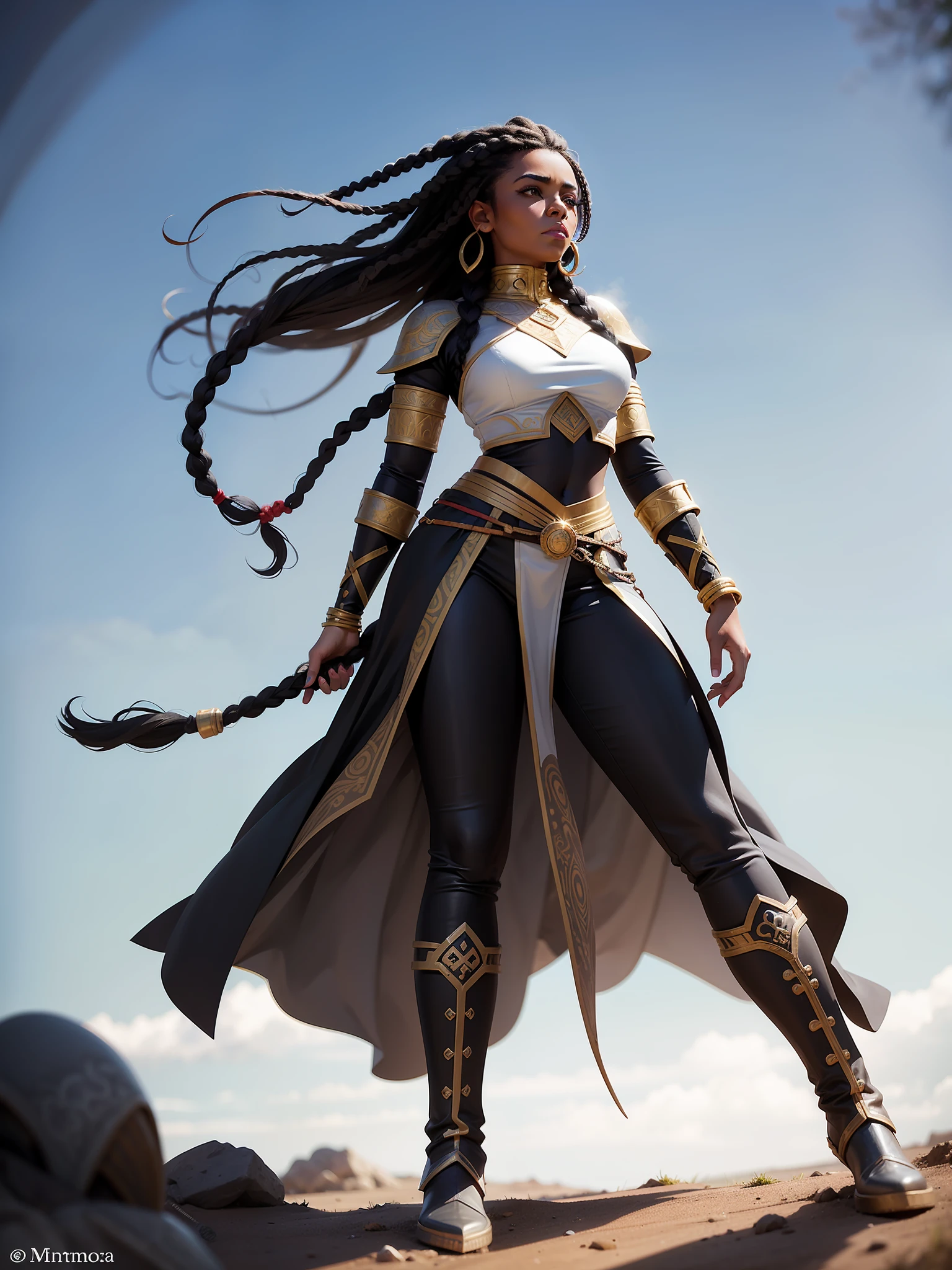 mulher afrodescendente, pele negra, guerreira, Braided black hair, Armadura medieval, Pants, Botas, dinamic pose, fundo branco