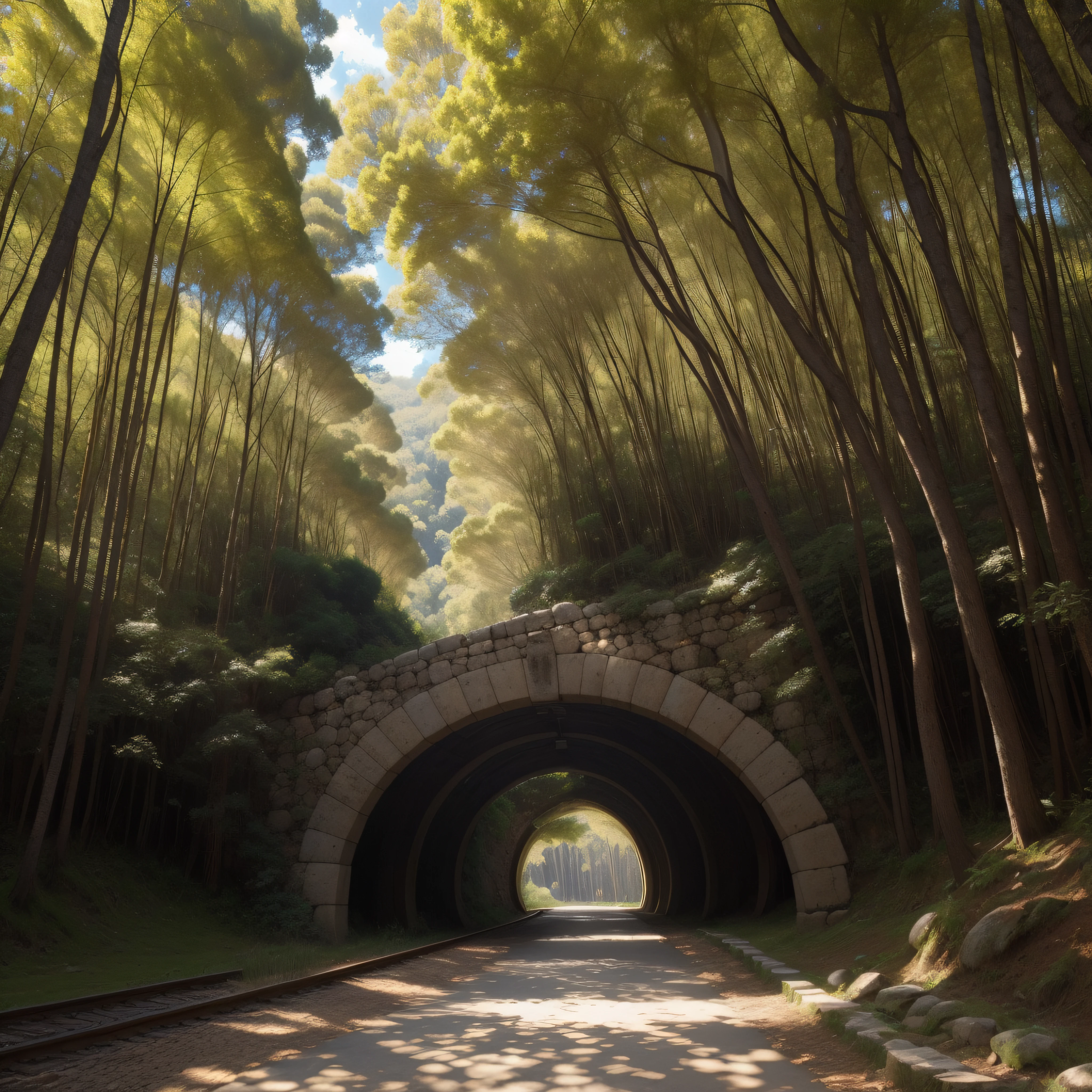 (extremadamente detallado, obra maestra, La mejor calidad), paisaje de bosque. en el cielo hay un agujero profundo del cual se ve un tunel. Daytime Lighting.