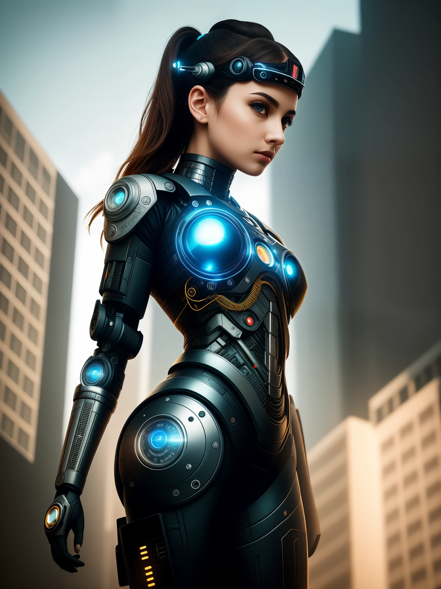 RAW, Masterpiece, Ultra Fine Photo,, Best Quality, Ultra High Resolution, Photorealistic, Sunlight, Full Body Portrait, Stunningly Beautiful,, Dynamic Poses, Delicate Face, Vibrant Eyes, (Side View) , she is wearing a futuristic Iron Man mech, very detailed background, detailed face, detailed busy background, messy, gorgeous, milky, high detailed skin, realistic skin details, visible pores, sharp focus, volume Fog, 8k uhd, dslr, high quality, film grain, fair skin, photorealism, lomography, sprawling metropolis in a futuristic dystopia, view from below, translucent