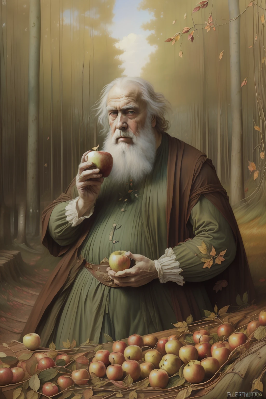 (((Pre-Raphaelite painting of a mad old man from the forest covered with leaves, holds an apple, floresta encantada celta)))