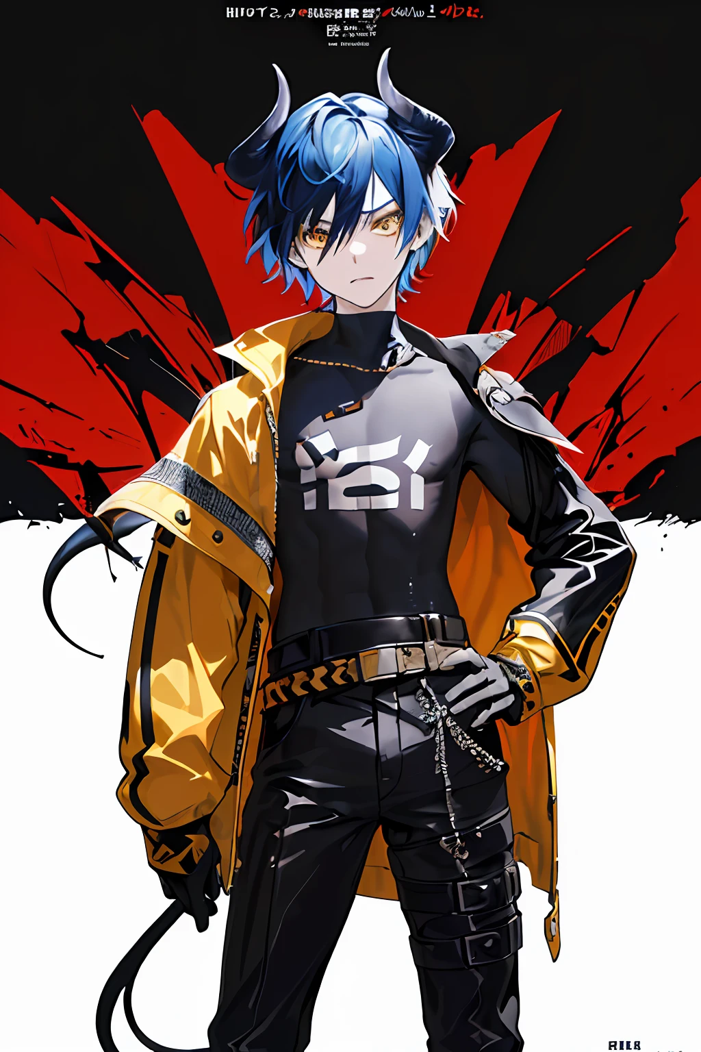 ((((dramatic))), (((severe))), (((intensive))) Movie poster with image Best Quality, super detailed illustration, the perfect body,(1 teenage boy:1.2), (Bull ears and tail:1.2), Long horns, Short Hair Hair, dnd, biker clothing, Blue hair. He stands confidently in the center of the poster, dressed in a stylish and edgy outfit, with a determined expression on his face. The background is dark and sandy, with a sense of danger and tension. The text is bold and eye-catching, with a catchy slogan, which adds to the overall feeling of drama and excitement. The color palette is mostly dark with splashes of bright colors, which gives the poster a dynamic and visually striking look, Tachi-e (magazine: 1.3), (Cover style: 1.3), fashionable, woman's, The vibrant, Attire, Posing, on front, colourful, dynamic, background, items, Self-confident, expression, Hold, application, accessory, Orus, convolute, Runt, touch, stage, text, cover art, fat, Attention-grabbing, name, stylish, font, catchy, heading, plus, The vibrant, contemporary, fashionable, focus, moda,