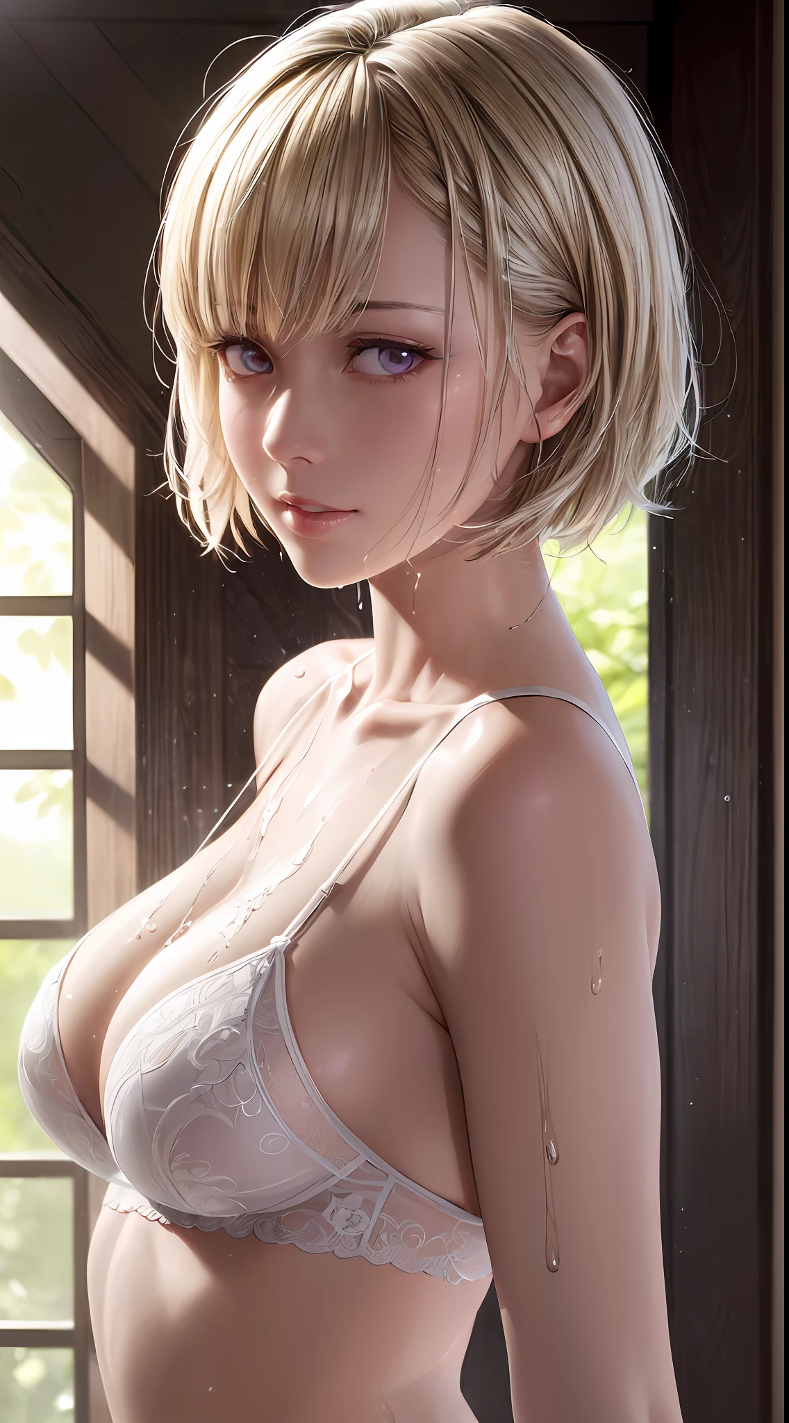 ((((masterpiece, best quality, high resolution)))), Extremely detailed 8K, Beautiful girl with voluptuous body, (Ultra HD, Ultra-detailed, Highly detailed, Highly realistic, Ultra-realistic, photograph realistic), (1girl:1.5), (Realistic white hair), short wavy hair, bob cut, (dynamicposes), facing at camera, light smile, parted lips, purple eyes, average breasts, (beautiful detailed face, beautiful detailed eyes), white lingerie, soaked wet, glow, (sunbeam, sunlight)