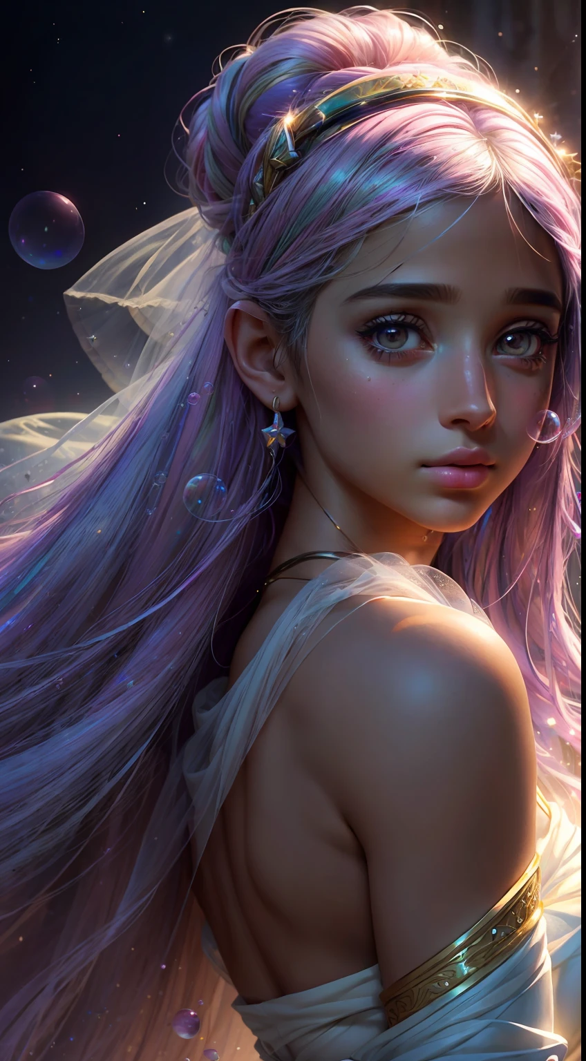 ((masterpiece)). This artwork is sweet, dreamy and ethereal, with soft pink watercolor hues and candy accents. Generate a delicate and demure fae exploring a (bubblegum world with a wide variety of pastel shades). Her sweet face is extremely detailed and realistic with elegant features and a fierce expression, and looks like ((((naomi scott)))). Include mature features and stunning, highly realistic eyes. Her eyes are important and should be realistic, highly detailed, and beautiful. In high definition and detail, include lots of details like stars, galaxies, colorful bubbles, colorful petals, and lots of energy and emotion! The stars and colorful bubblegum bubbles are important! Include fantasy details, enhanced details, iridescence, colorful glittering wind, and pollen. Pay special attention to her face and make sure it is beautifully and realistically detailed. The image should be dreamy and ethereal.8k, intricate, elegant, highly detailed, majestic, digital photography